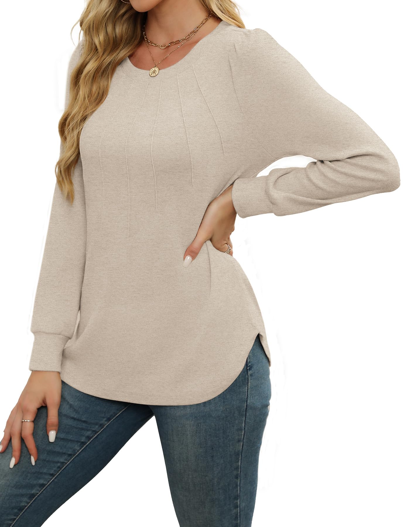 WEACZZY Long Sleeve Shirts for Women Beige Tops Dressy Casual Cute Crew Neck Blouses Work Shirts Loose Tunic Fall Outfits M