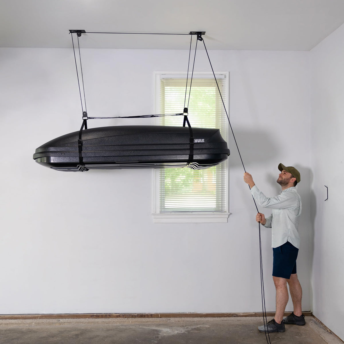 StoreYourBoard Cargo Box Ceiling Storage Hoist 2 Pack, Heavy Duty Holds 150 lbs, Rooftop Carrier Garage Pulley System, Fits 10-14 ft Tall Garage Ceilings