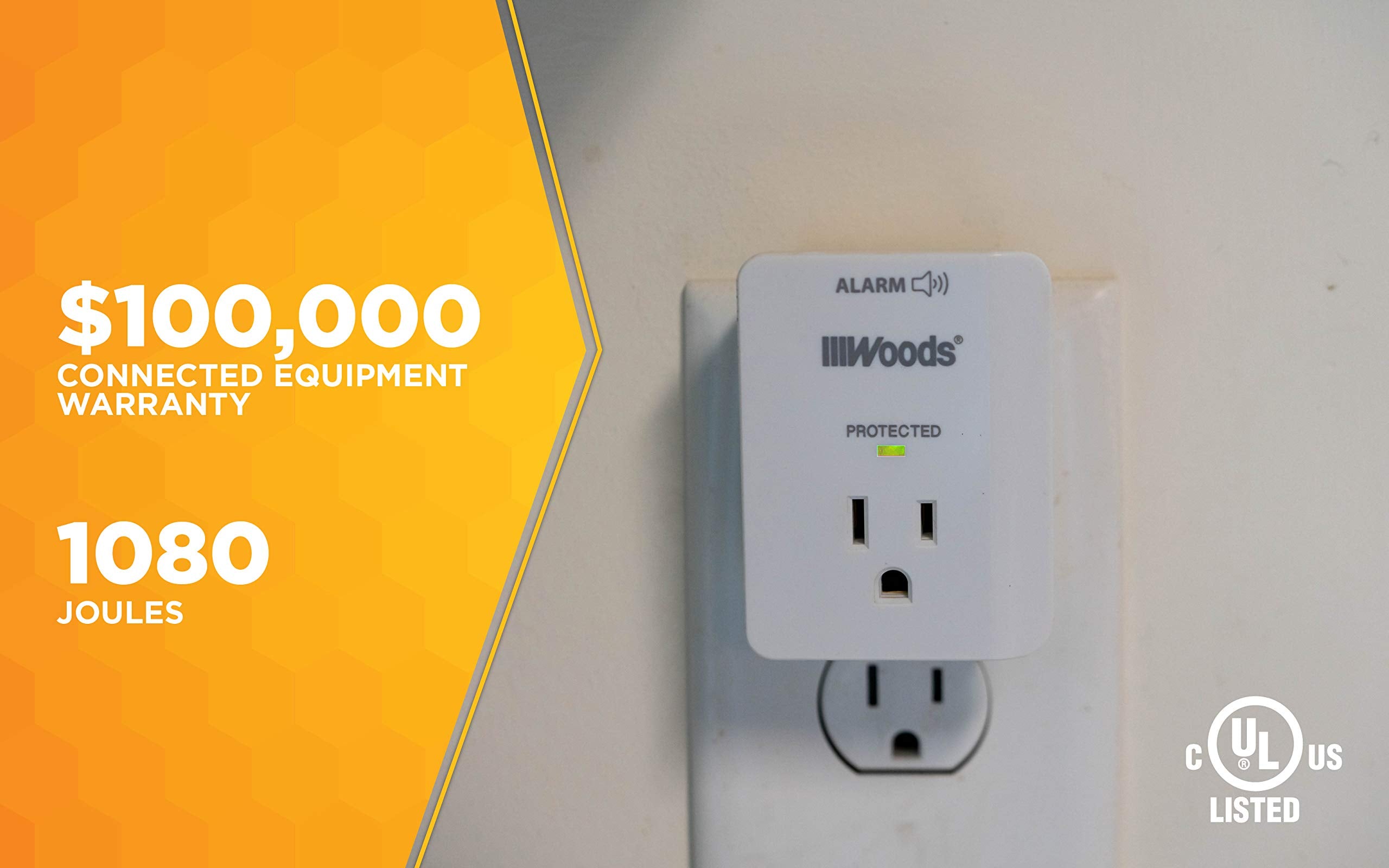 Woods 41008 Surge Protector One 3-prong Power Outlet LED Indicator Light and Alarm, 1080J, White