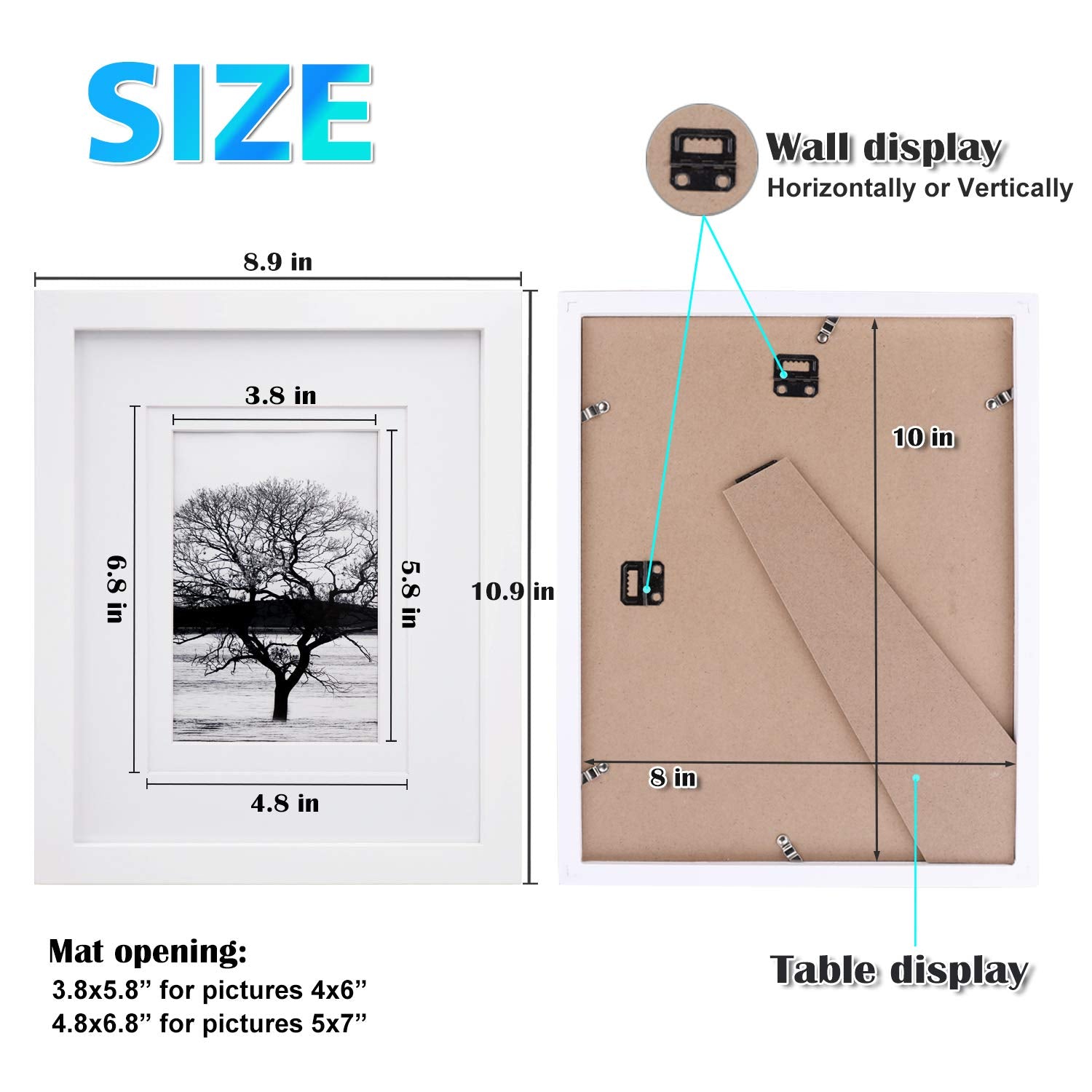 Egofine 8x10 Picture Frames Set of 4, Made of Solid Wood Covered by Plexiglass 4x6 and 5x7 with Mat or 8x10' without Mat, for Table Top Display and Wall Mounting Photo Frame White