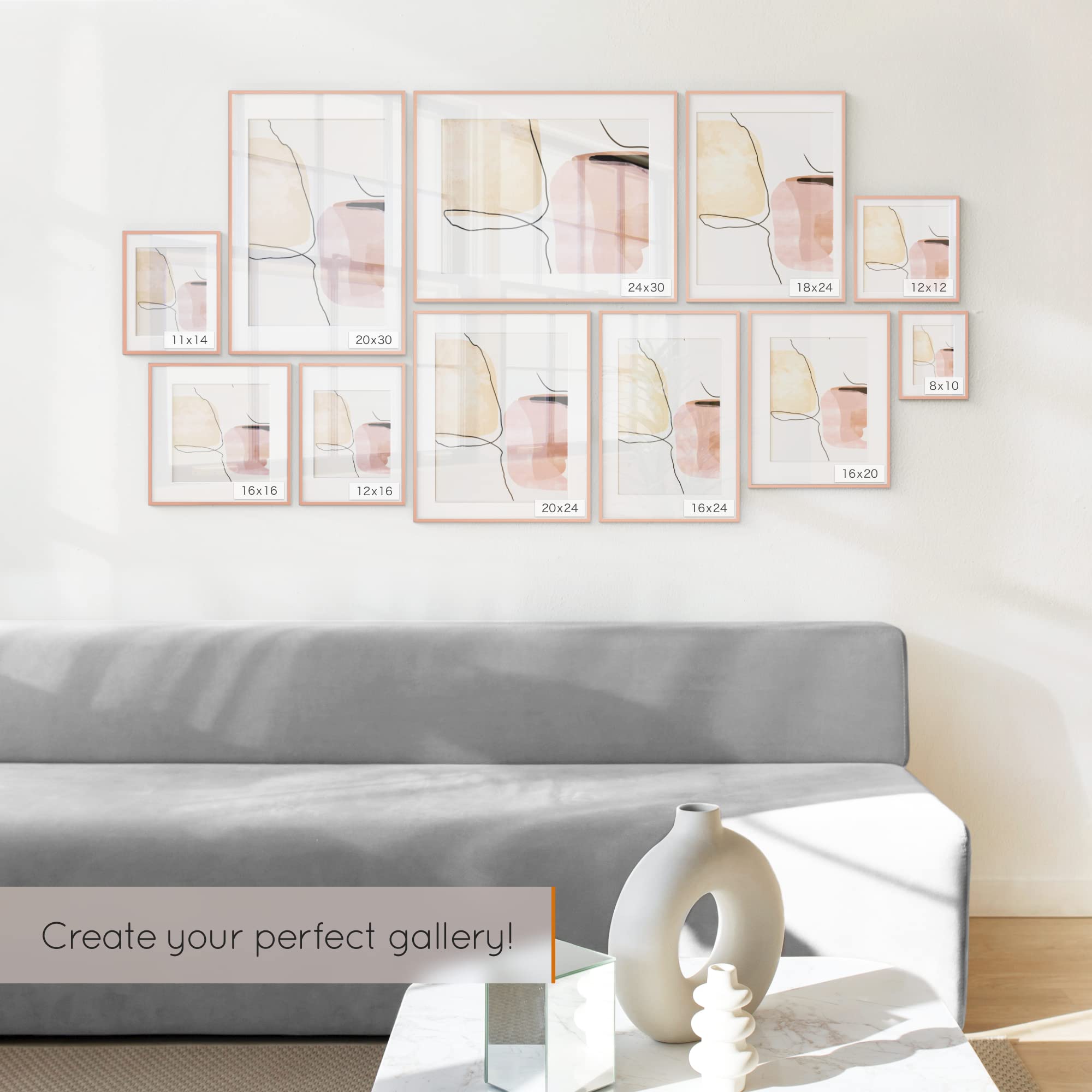 Homeforia - 12x16 inch Metal Picture Frame - 12 x 16 Aluminum Photo Frames - 12x9 Mat - Tempered Glass - Wall Hook Included - Set of 1 - Rose Gold