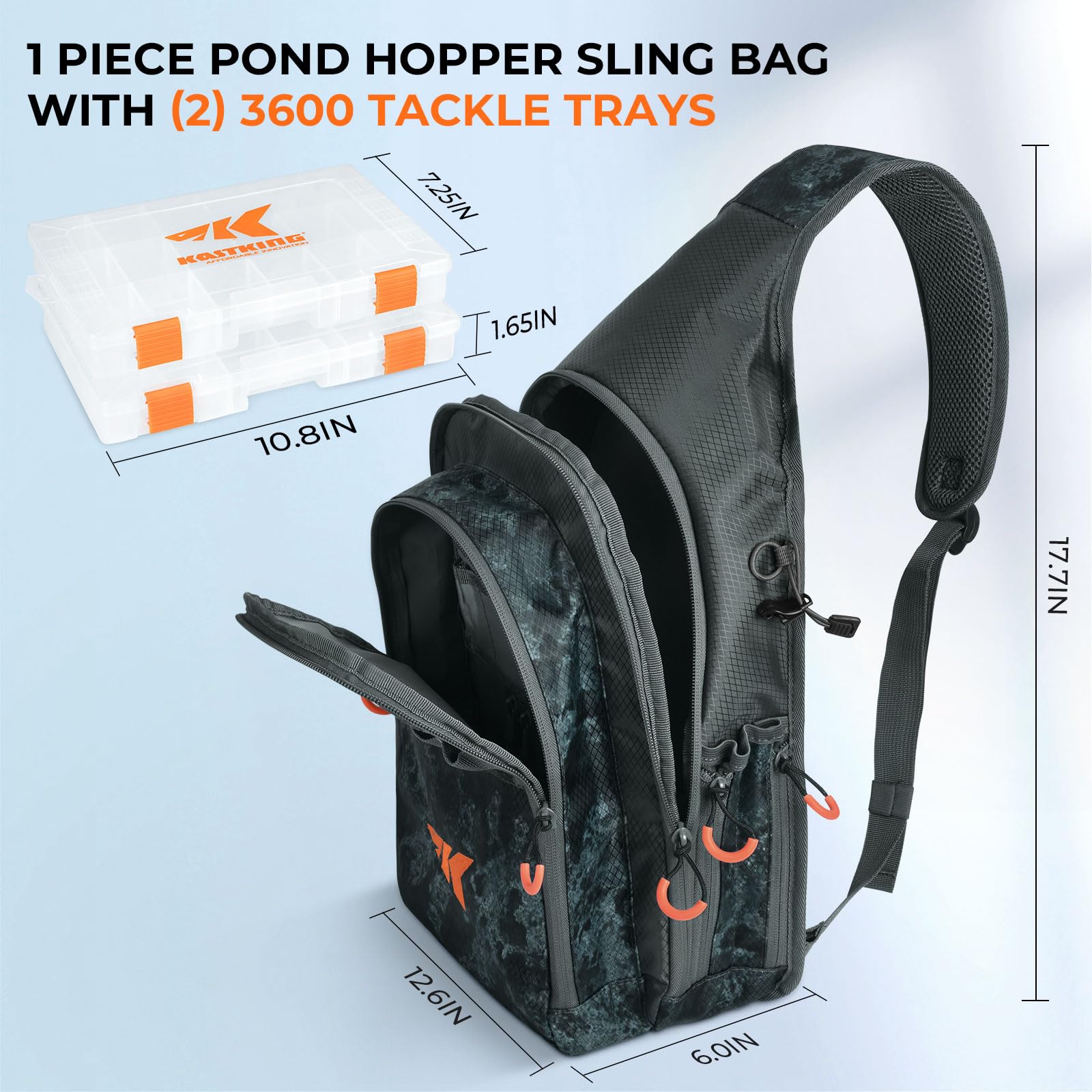 KastKing Pond Hopper Fishing Sling Tackle Storage Bag with (2) Tackle Boxes–Lightweight Sling Fishing Backpack-Sling Tool Bag for Fishing Hiking Hunting Camping,17.7X 12.6X 6 Inches,