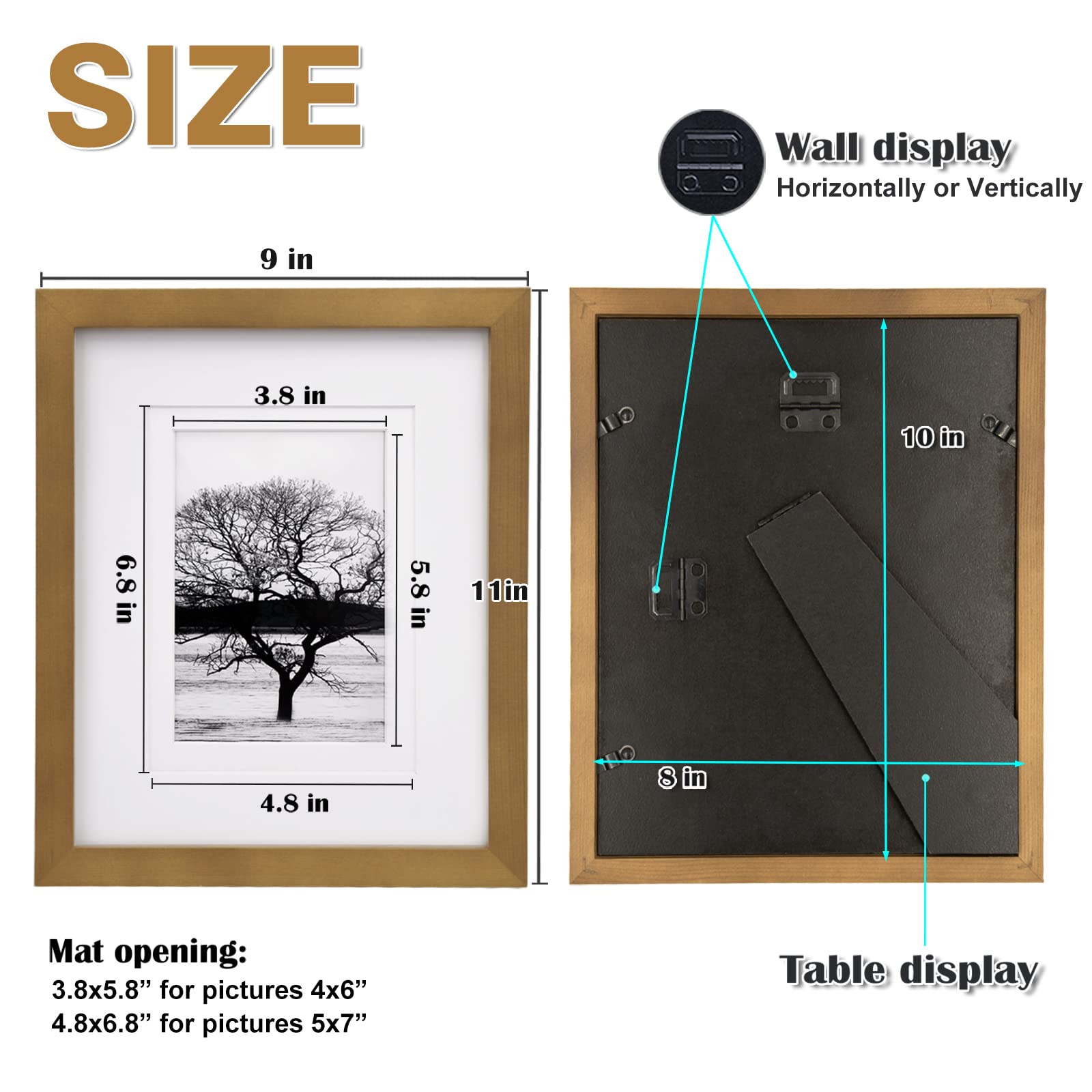 Egofine 8x10 Picture Frames 4 Pack, for Pictures 4x6 or 5x7 with Mat Made of Solid Wood Covered by Plexiglass for Table Top Display and Wall Mounting Photo Frames, Light Brown