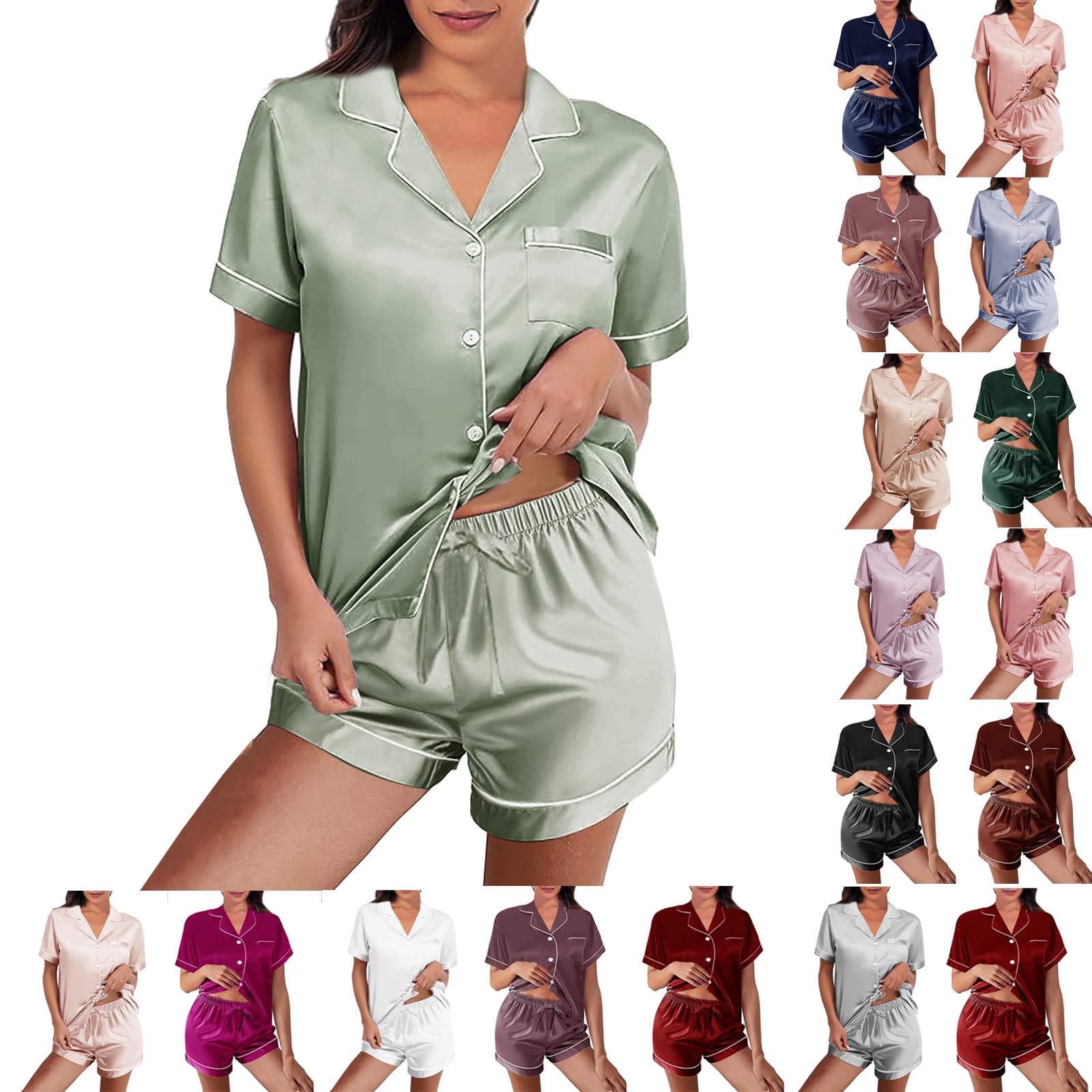 WJing Yi Jia Womens Silk Satin Pajamas Loungewear Two-Piece Sleepwear Button-Down Floral Pj Set -Size: L