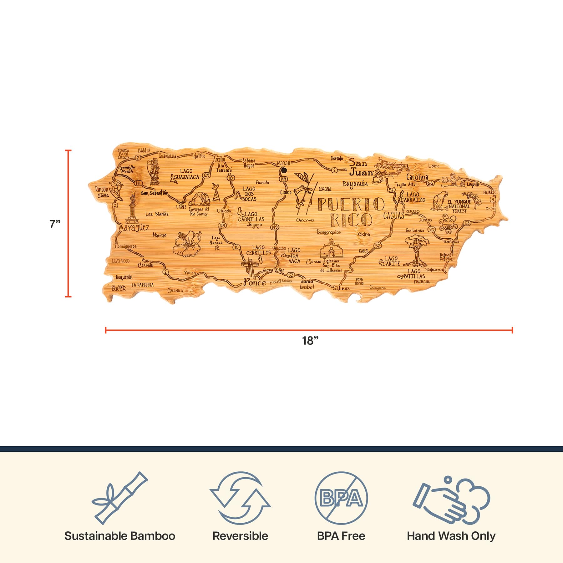 Totally Bamboo Destination Puerto Rico Cutting Board, Charcuterie & Serving Board | Laser Engraved Bamboo Map with Hang Tie for Wall Art | Puerto Rican Kitchen Gift & Decor