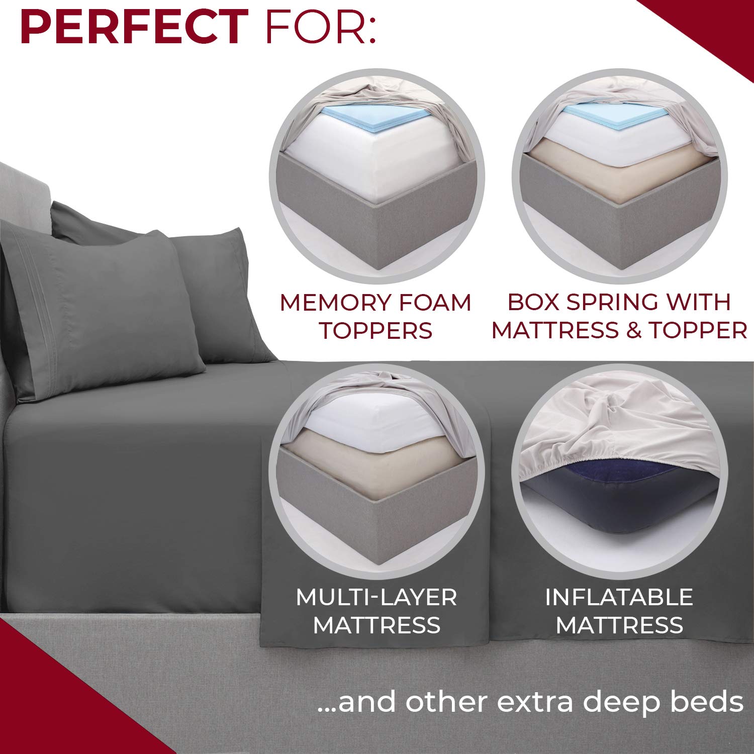 Mellanni Extra Deep Pocket Sheet Set + Waterproof Mattress Pad Bundle - Queen, Gray & White