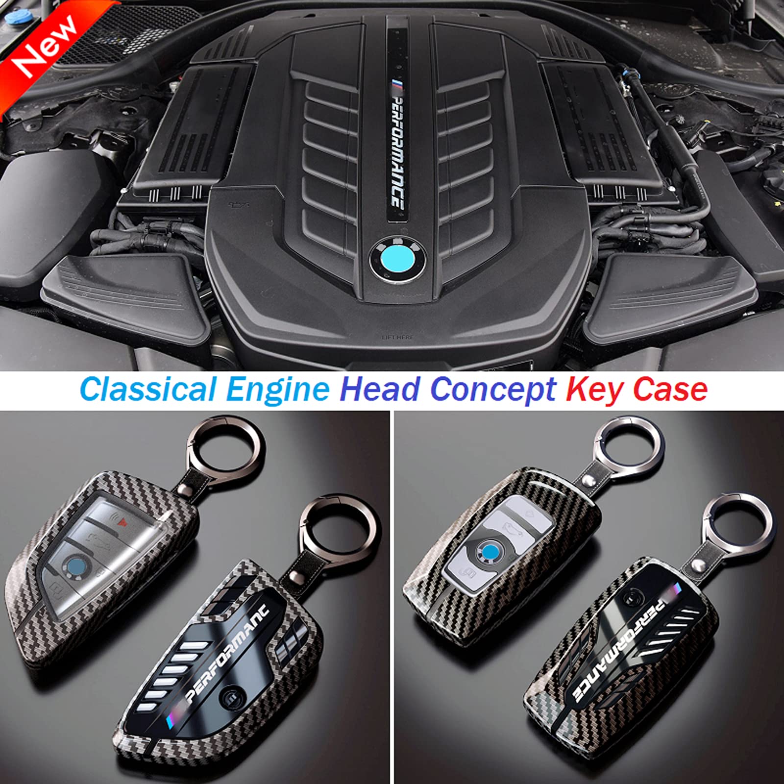Phmnkl Alloy Car Key Case Rings Cover Holder for BMW 1 3 5 7 Series 530 F48 X1 X2 X3 X4 X5 X6 Classic Engine Head Concept (A Style Carbon Fiber)