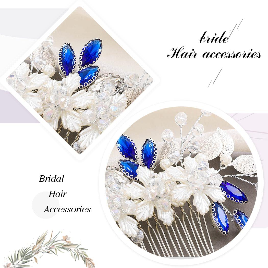 Jeairts Blue Rhinestone Wedding Hair Comb Silver Flower Bridal Hair Pieces Leaf Wedding Headpiece Hair Dress Crystal Bridal Hair Accessories for Women and Girls