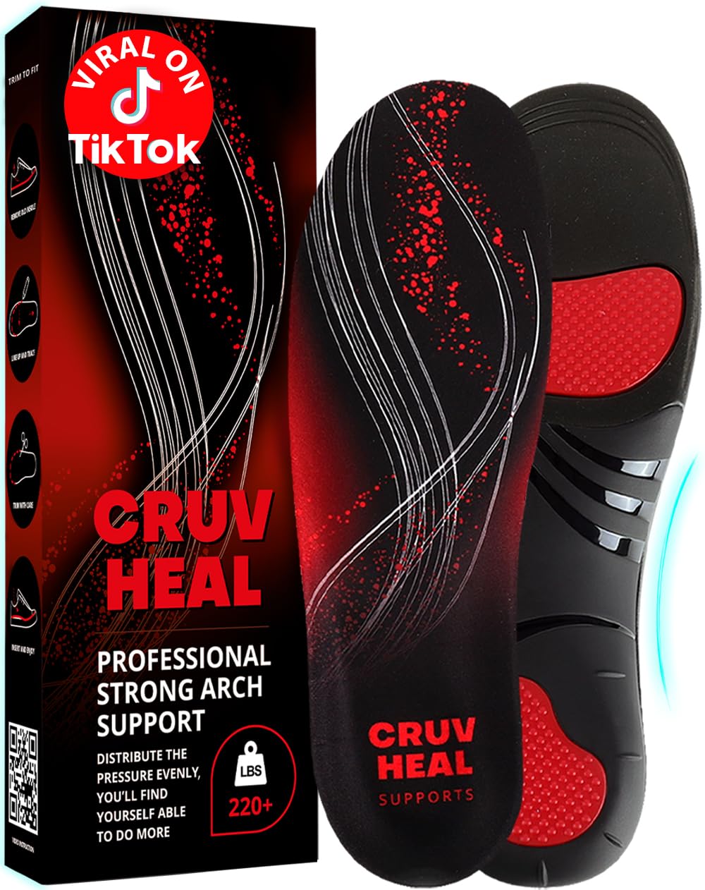 220+ lbs Plantar Fasciitis High Arch Support Insoles Men Women - Orthotic Shoe Inserts - Boot Work Shoe Insole (L, Black)