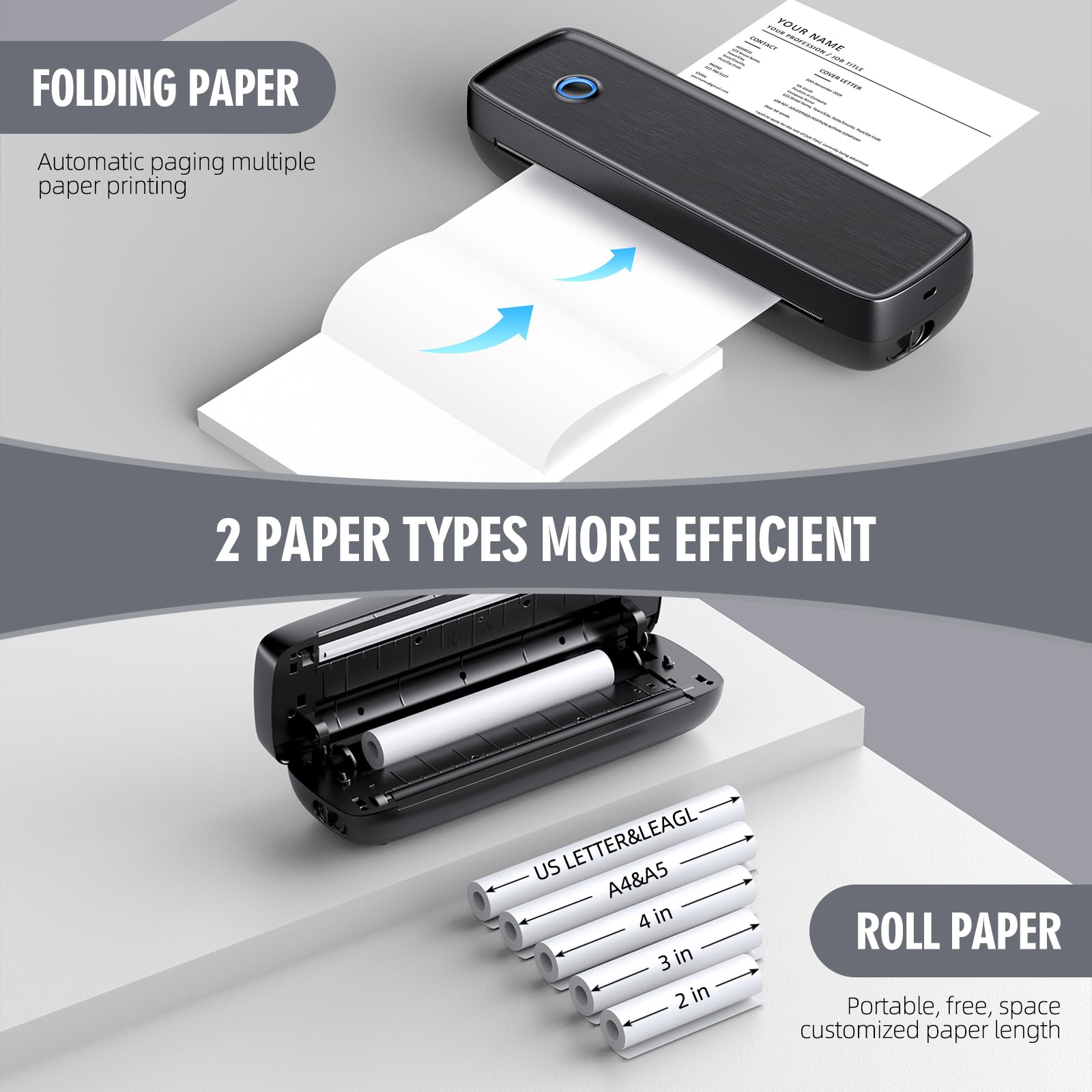 Aixiqee Portable Wireless Mini Thermal Bluetooth Printer for Travel, Supports 8.5" X 11" US Letter & Legal, A4 & A5 Thermal Paper, Compatible with Android & iOS Phone & Laptop