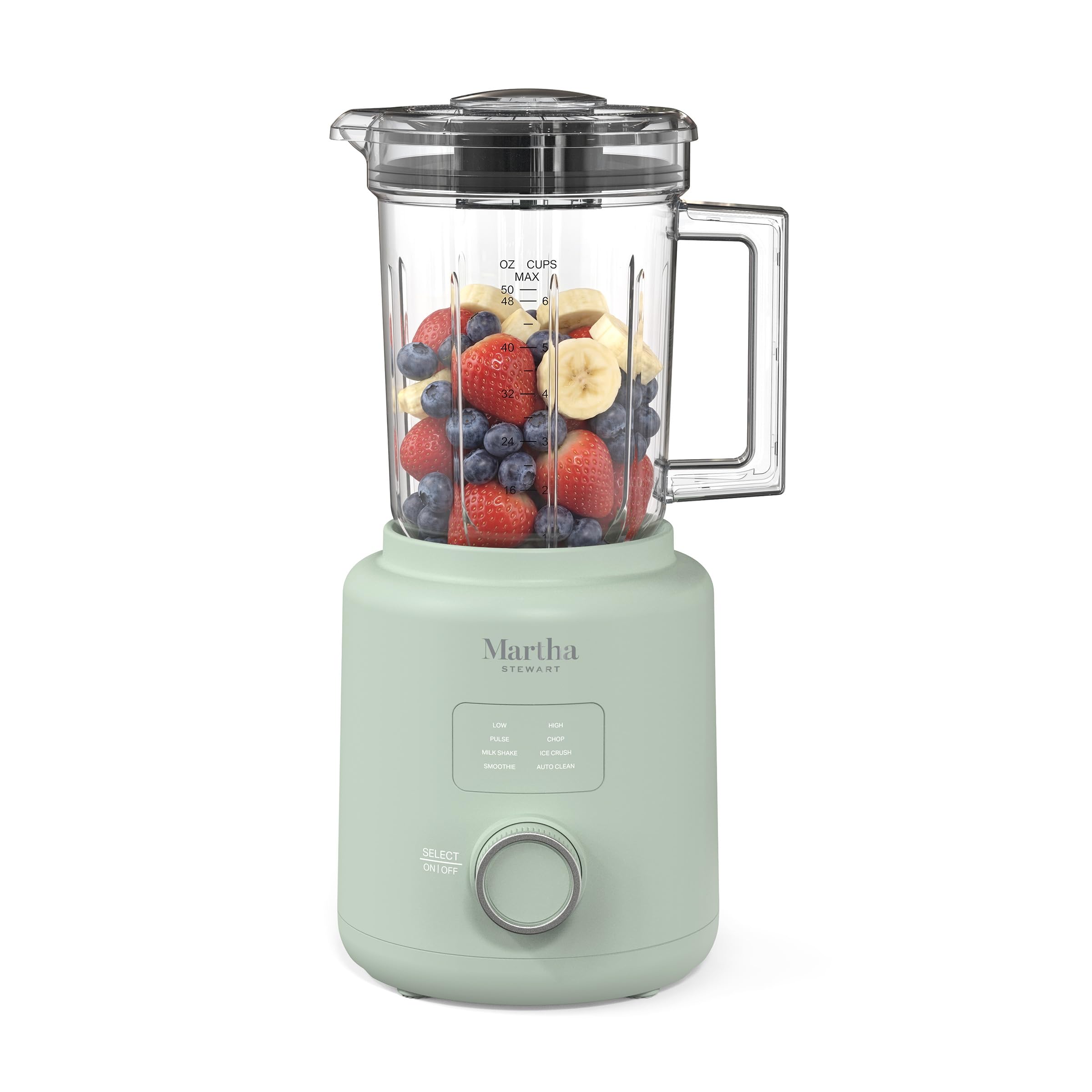 Martha Stewart Countertop Blender, 50oz Jar, 6 Stainless Steel Blades 3 Speeds & 5 Presets, Auto Clean, Smoothies, Crush Ice, Shakes, Chop, Margarita, Measurement Markings, 700W, Honeydew Green