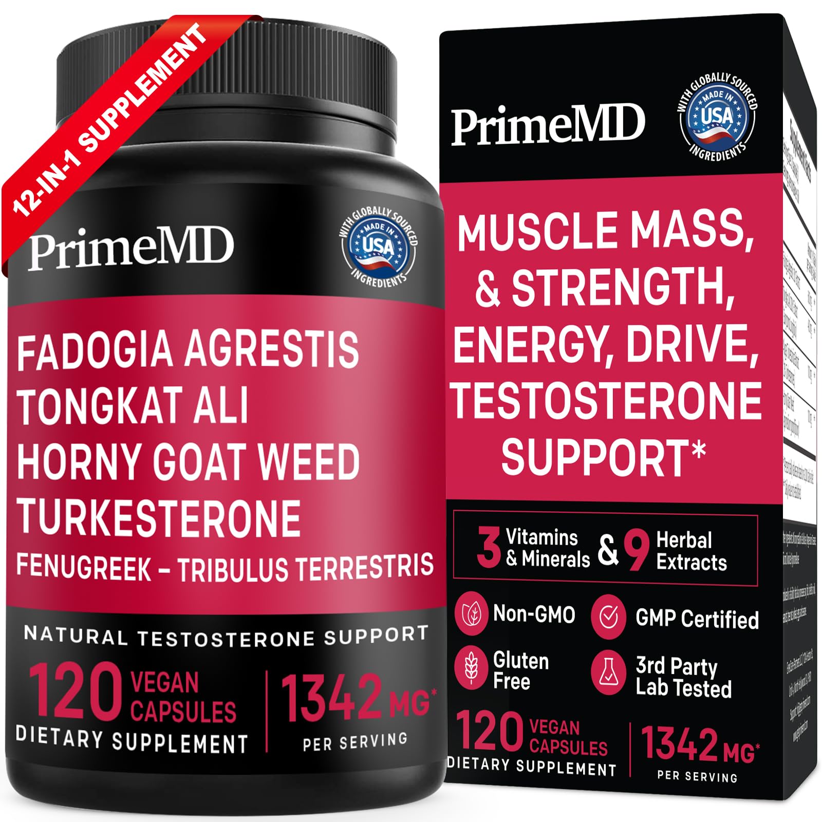 PrimeMD 12-in-1 Fadogia Agrestis and Tongkat Ali - Testosterone Supplement for Men with Turkesterone - HornyGoatWeed for Men for Overall Well-Being with 1342mg Per Serving (120 Capsules) (Pack of 1)