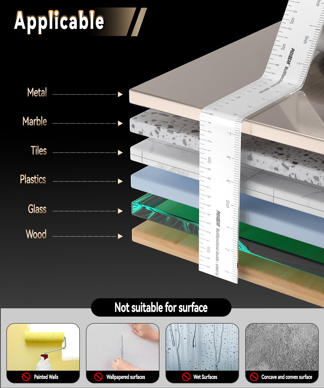 PHIXBEAR Double Sided Tape Heavy Duty with Dual Measurement Scale (CM/INCH), No Residue Clear Invisible Nano Tape mounting for Wall Hanging Posters, Rug,Decor