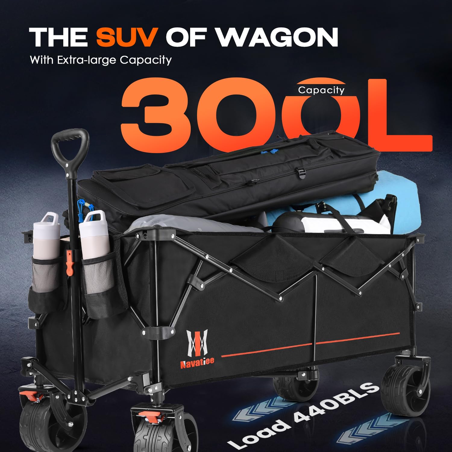 Navatiee 300L Large Collapsible Wagon Cart Foldable, Folding Extended Beach Wagon with 440LBS Weight Capacity and Big All-Terrain Wheels, Heavy Duty Utility Garden Cart for Sports Outdoor