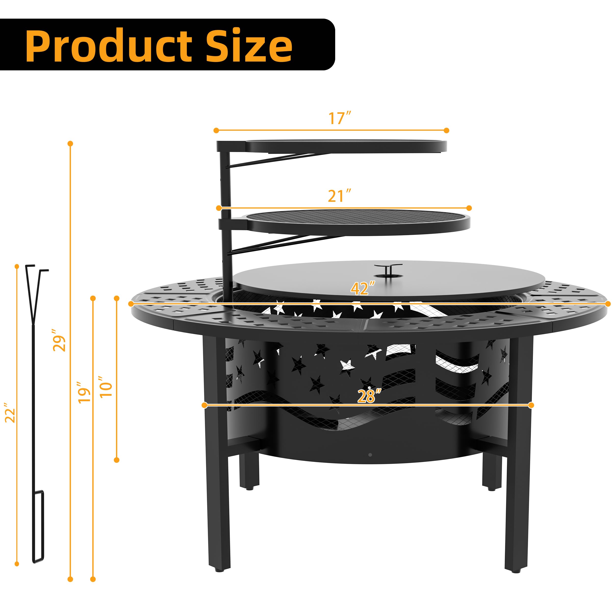 PrimeZone 42" Outdoor Fire Pit with 2 Grills - Wood Burning Firepit for Outside with Cover & Poker, Heavy Duty Metal Fire Pit Large Round Fireplace for Patio, Backyard, Picnic, Camping, Bonfire
