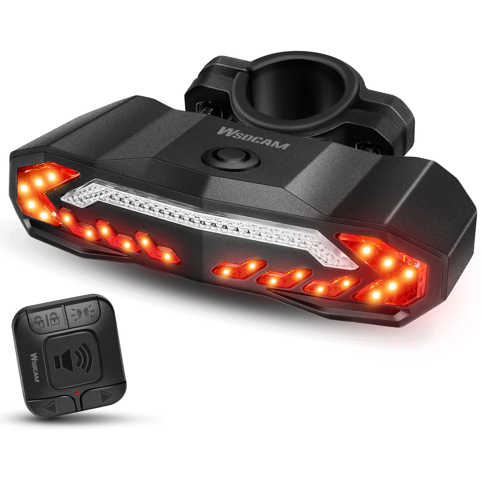 WSDCAM Smart Bike Tail Light with Turn Signals and Rear Brake Light, Bike Alarm Horn with Remote, Auto ON/Off Rechargeable Waterproof