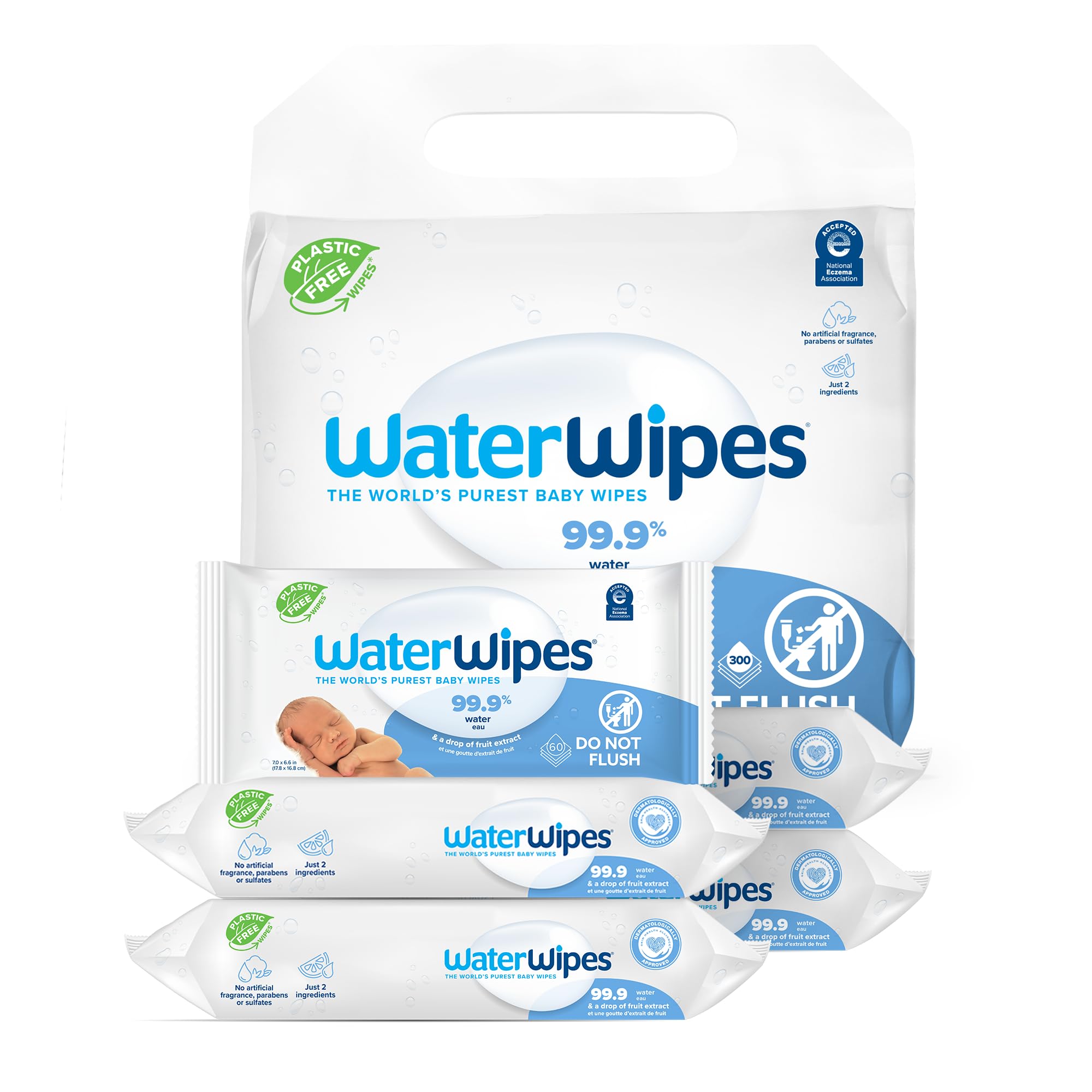 WaterWipes Plastic-Free Original Baby Wipes, 99.9% Water Based Wipes, Unscented & Hypoallergenic for Sensitive Skin, 300 Count (5 packs)