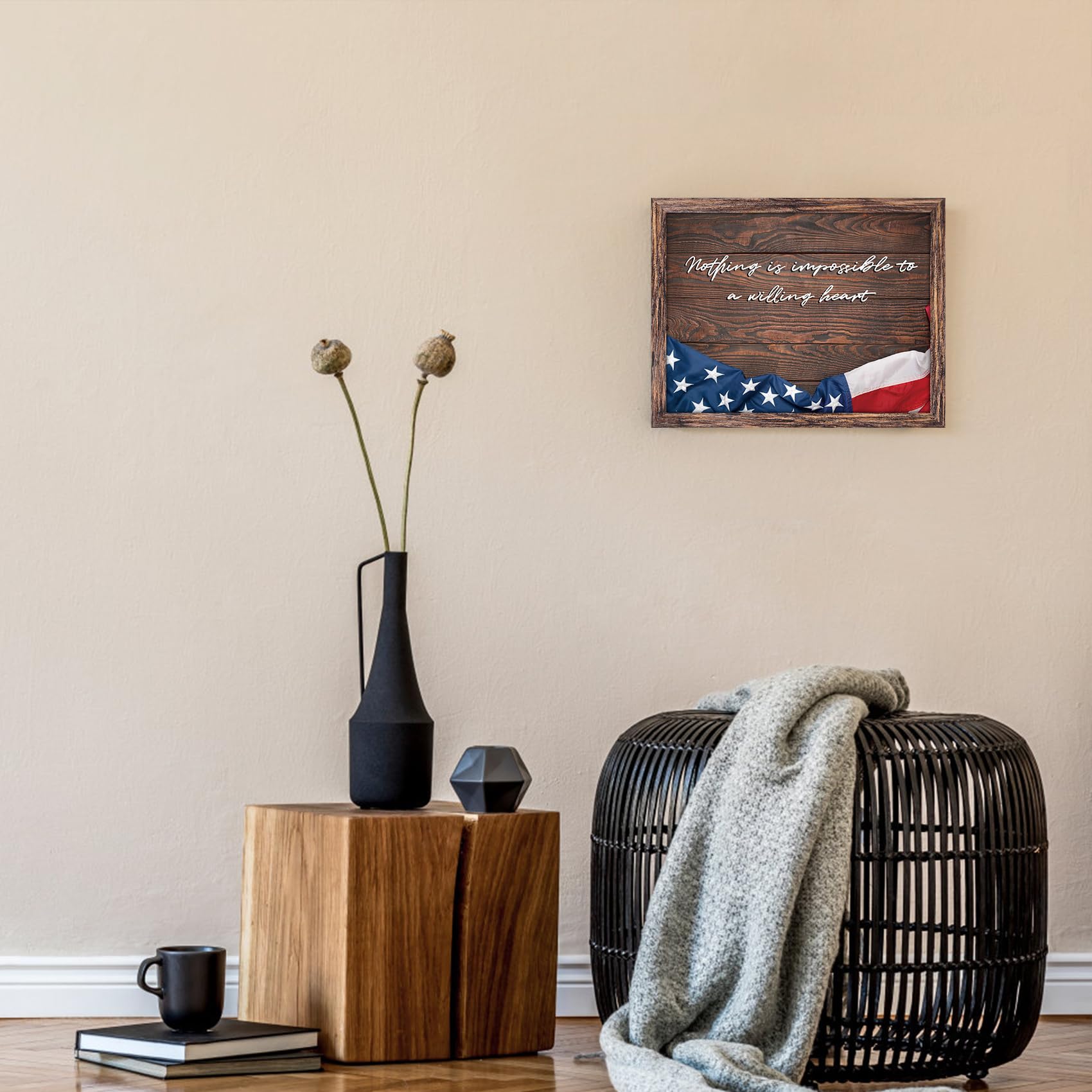 Farmhouse Rustic American National Flag Wall Art Modern Embossing Plate Patriotic Pride Motivational Framed Artwork for Living Room Office Bedroom Wall Decor - 12''x16''