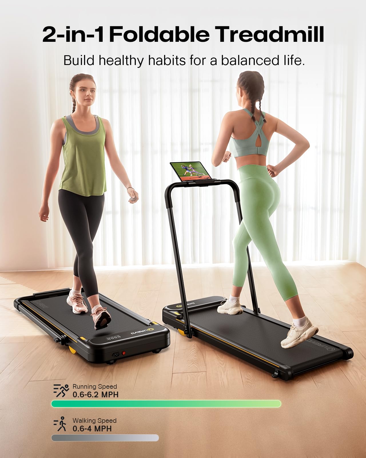 UREVO Strol 2E Smart 2-in-1 Folding Treadmill, Compact Walking Pad with Safety Handle, Plug and Play, Dual LED Display, Workout APP, Walking or Running for Home Office, Remote Included, Flaxen