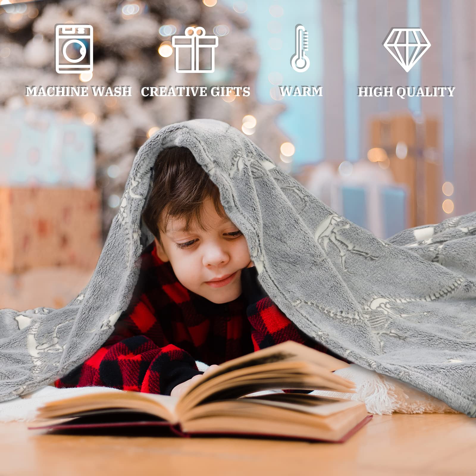 Glow in The Dark Blanket Dinosaur Throw Blanket for Boys Kids Soft Warm Cozy Cute Dino Blanket Unique Dinosaur Toys Gifts Gray Glowing Dinosaur Room Decor Blankets for Girls Teens 50"x60"