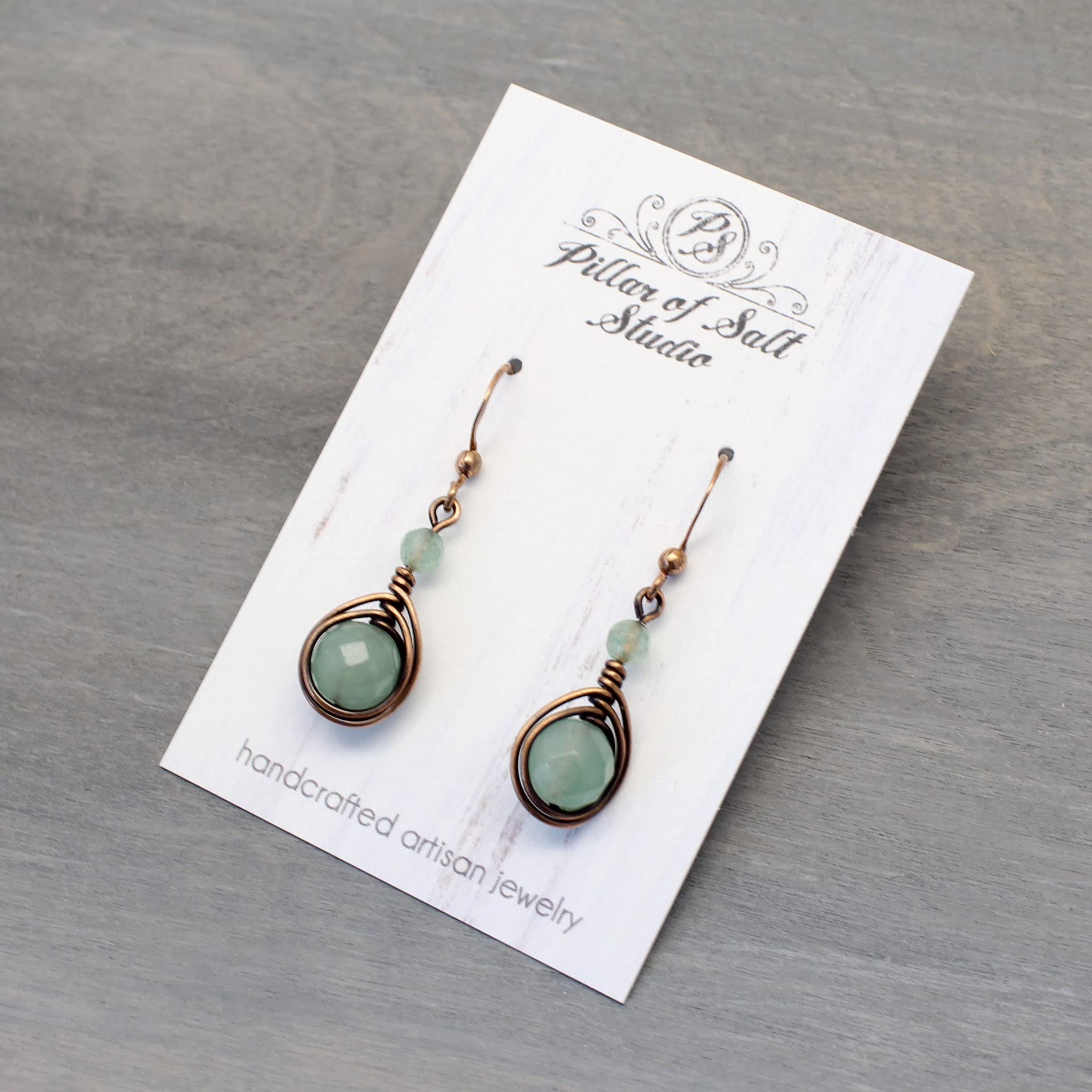 Pillar of Salt Studio Handcrafted Solid Copper Earrings with Green Aventurine Gemstone (Antiqued Copper, 1" drop)