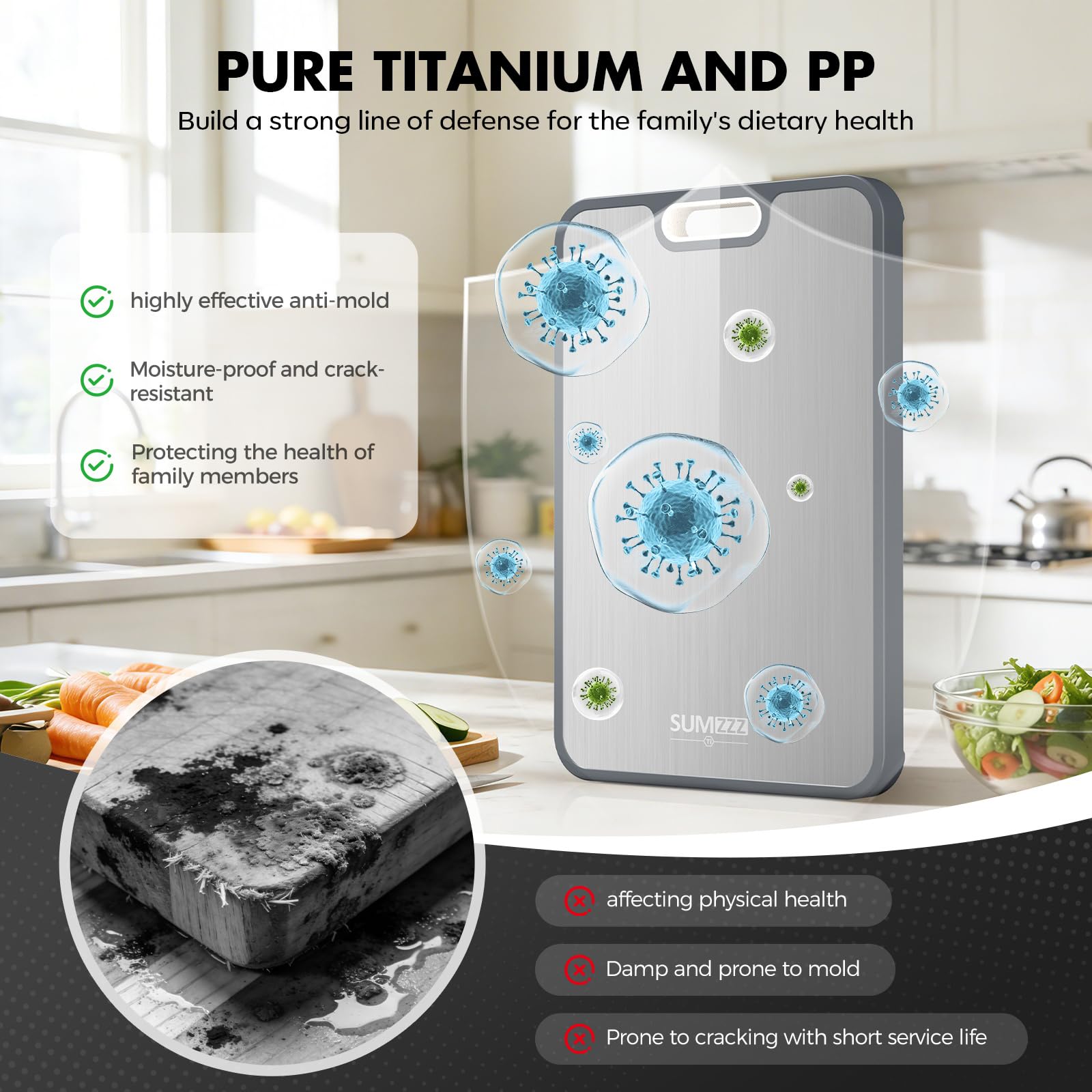 Sumzzz Titanium Cutting Board for Kitchen, Cutting Board Double Sided Food Grade, Pure Titanium/PP, Easy to Clean Large Size 15”×10.3”