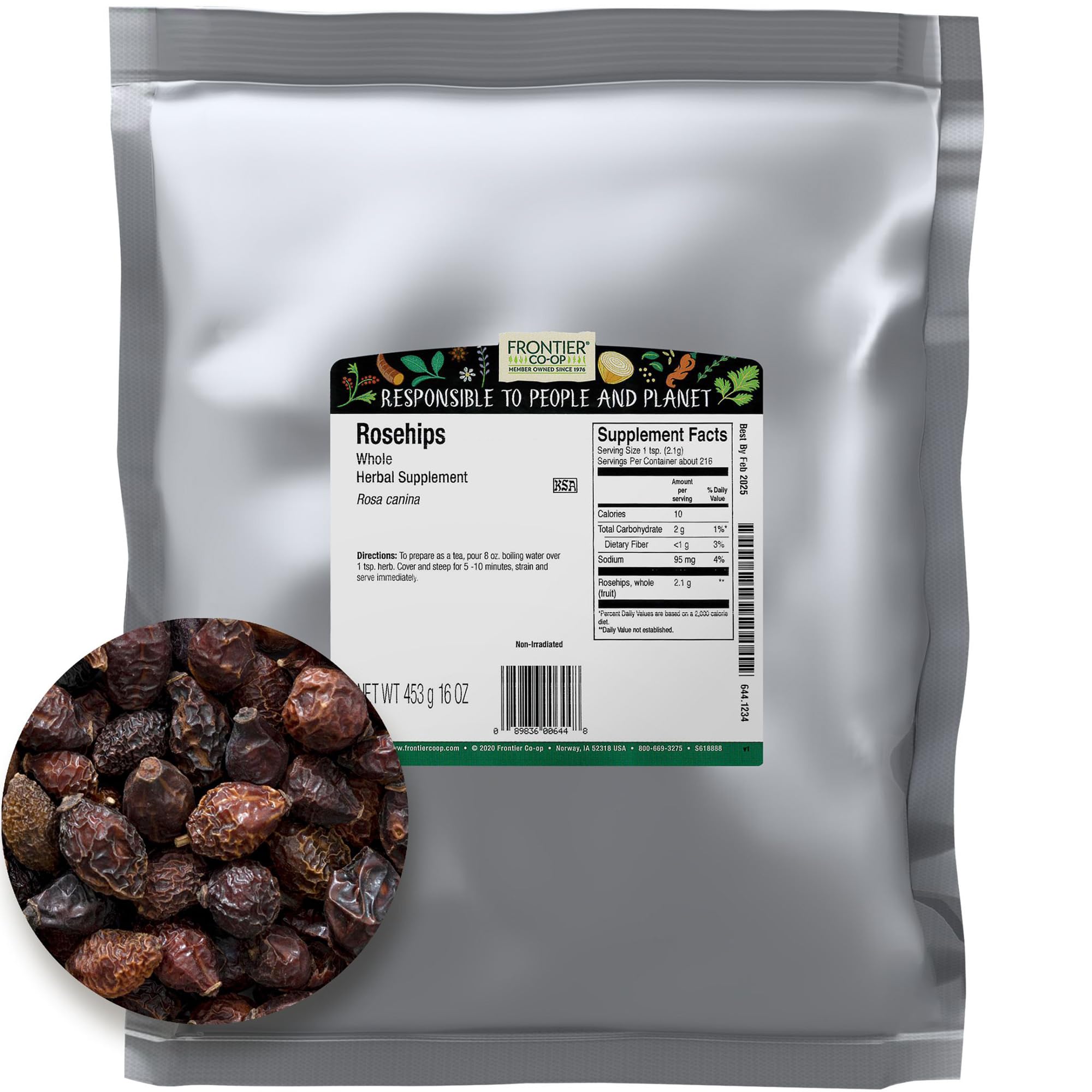 Frontier Co-op Organic Whole Rosehips, 1 lb | Dried Rose Hips for Rosehip Tea Organic, Powder, Rosehip Oil and More | Bulk Wholesale 1 Pound