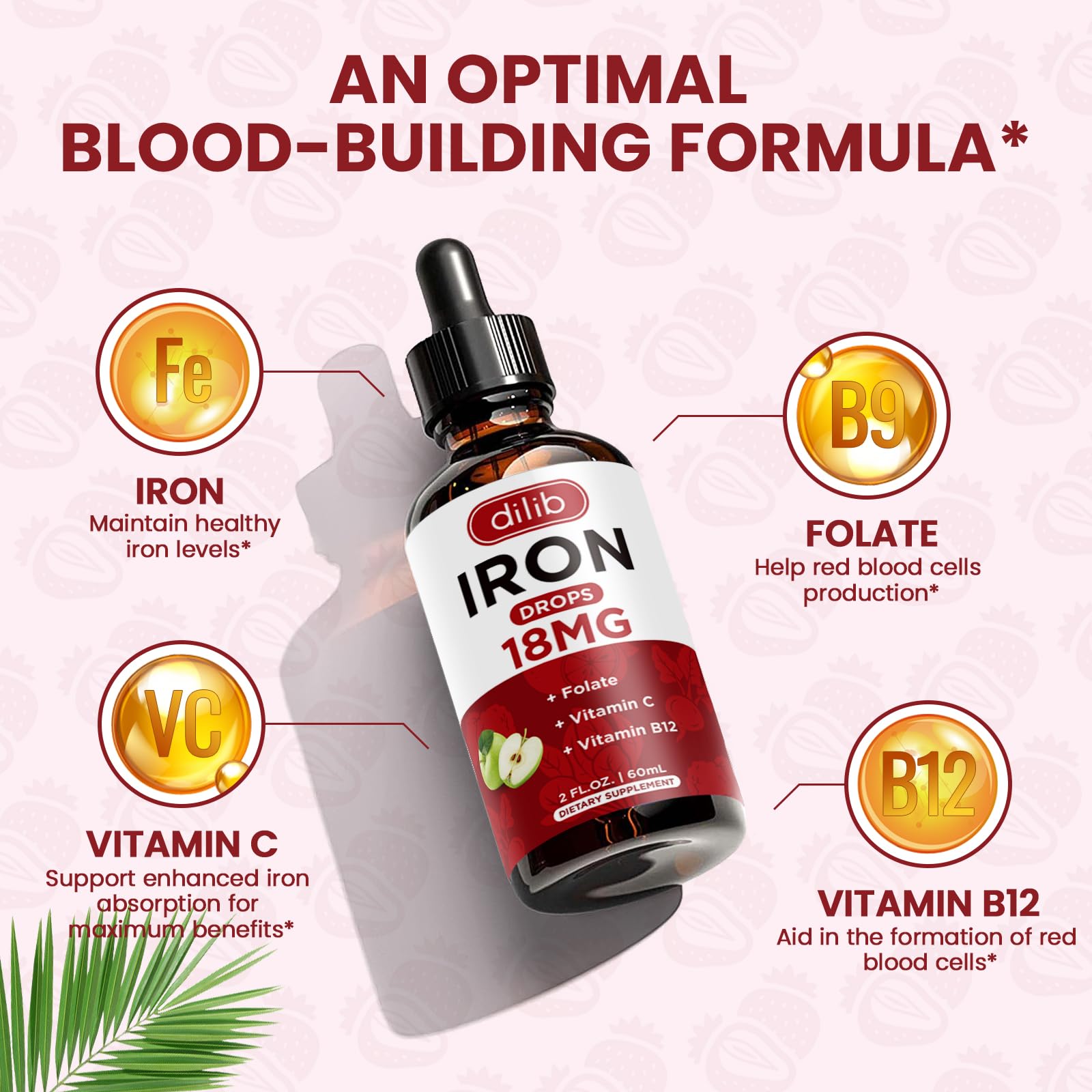 Liquid Iron Supplement for Women & Men Iron Drops Iron Supplements for Anemia with Folate, Vitamin C, B12 for Red Blood Cell Support-Green Apple Flavor, 2 Fl Oz