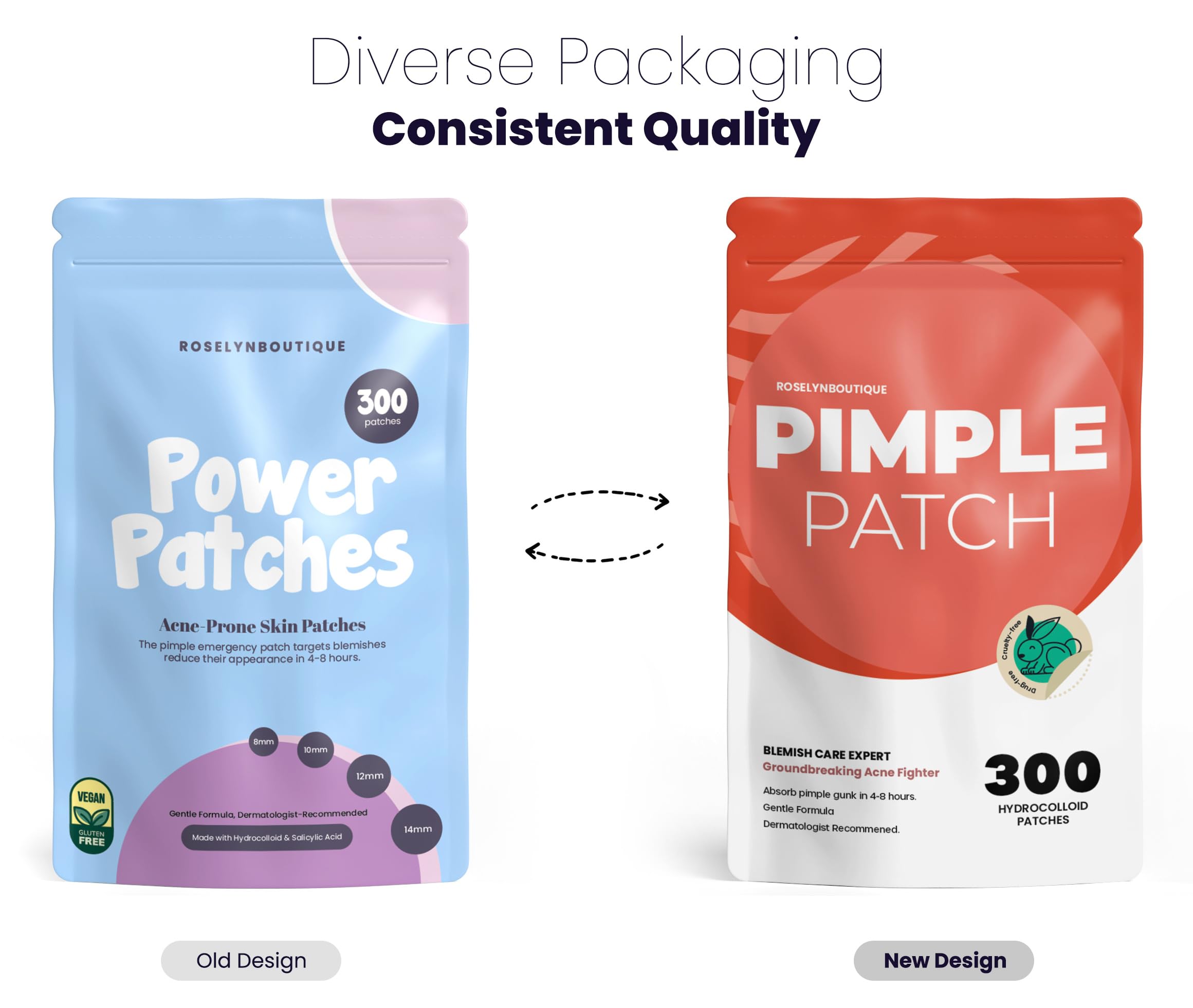 ROSELYNBOUTIQUE Pimple Patches for Face 300 Counts 4 Sizes - Hydrocolloid Acne Patches with Tea Tree Oil, SalicylicAcid, CICA Skin-Friendly