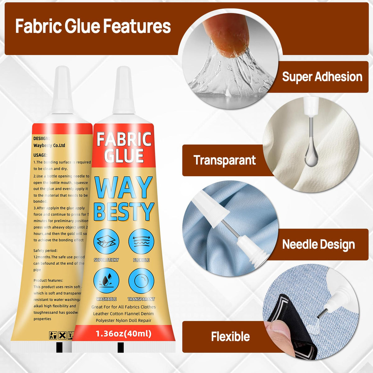 2PCS Fabric Glue, Strong Fabric and Leather Adhesive Permanent Clear Washable Clothing Glue for All Fabrics, Cotton, Flannel, Denim, Leather, Polyester, Doll Repair, 24 Hours Dry and Waterproof