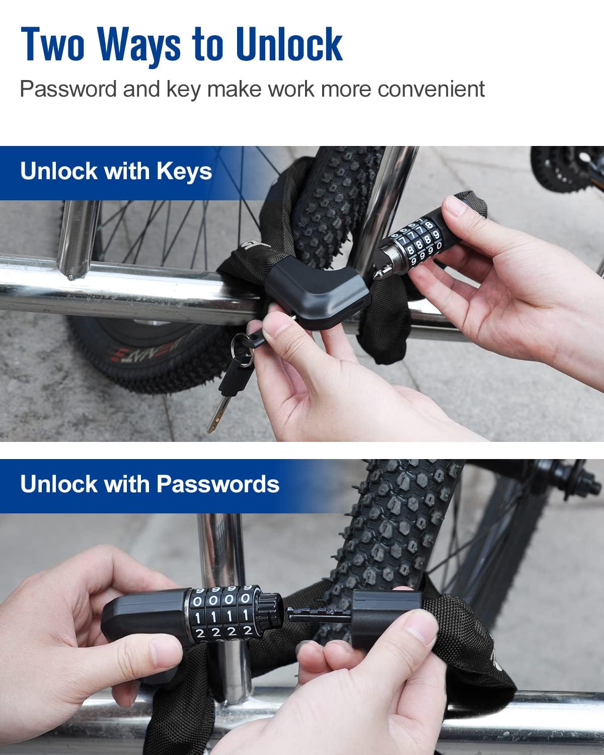 NDakter Bike Lock, Bike Chain Lock with 2 Ways to Unlock, 4 Digit Combination Heavy Duty Anti-Theft Bicycle Lock with 2 Keys, 4.28Ft High Security Scooter Locks for Ebike, Electric, Motorcycle, Door