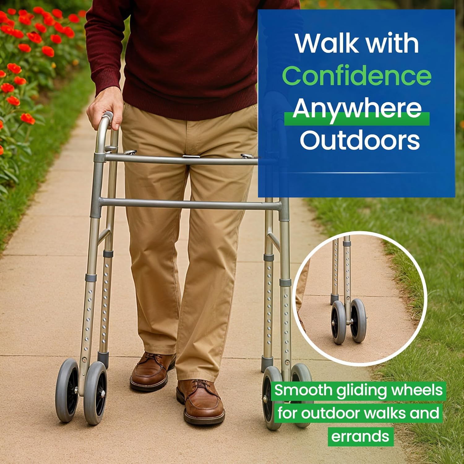 Bariatric Heavy-Duty Folding Walker with Wheels for Seniors, Adults, Extra Wide Front Wheel Walker (2 5-Inch Wheels), and Free 2 Pairs of Rear Glides Heavy Duty Sizes. Sized for Adults up to 450 lbs