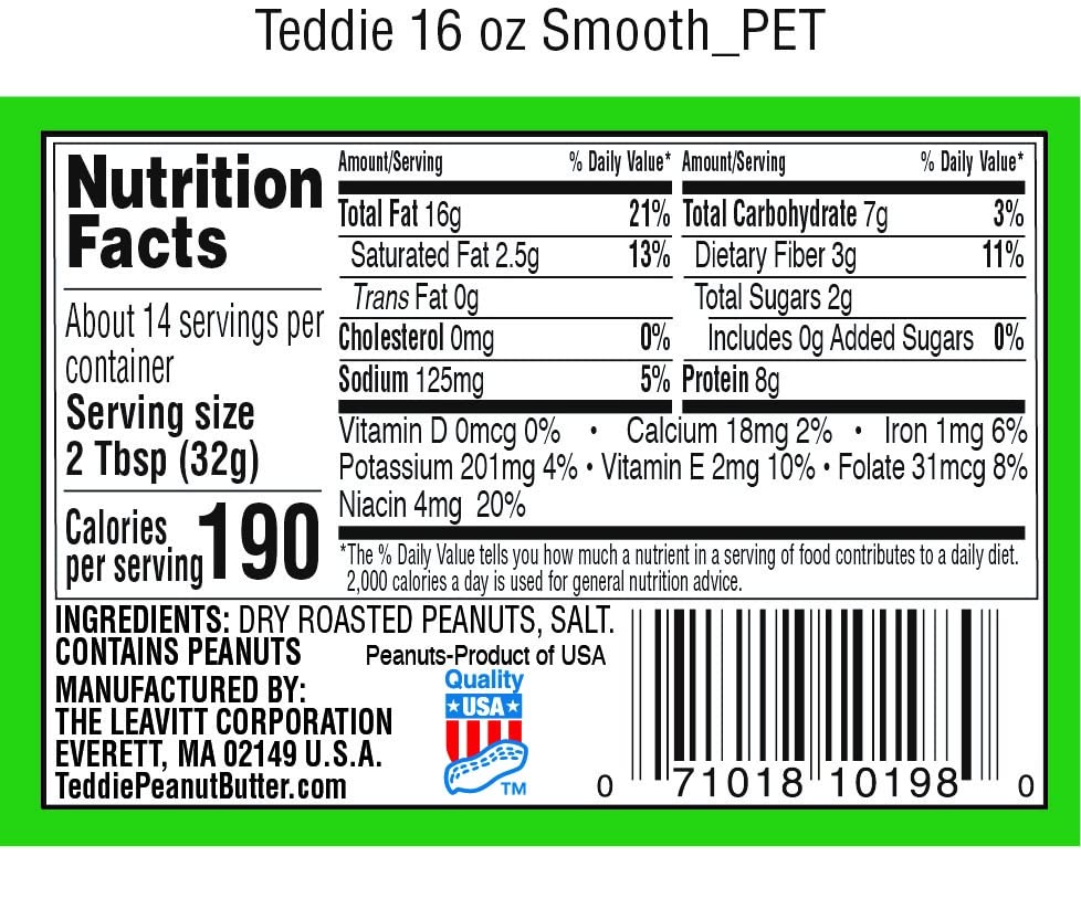 Teddie All Natural Peanut Butter, Smooth, Gluten Free & Vegan, 16 Ounce Glass (Smooth, Pack of 1)