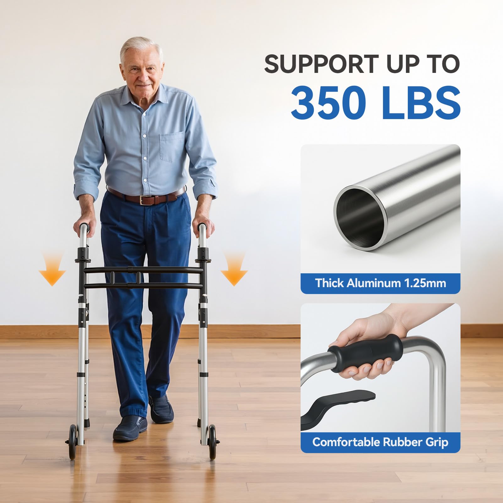 Loyoda Folding Walkers for Seniors,Medical Bariatric Walker Lightweight 5'' Front Wheel Walker Height and Width Adjustable Aluminum Standard Walker for Handicap