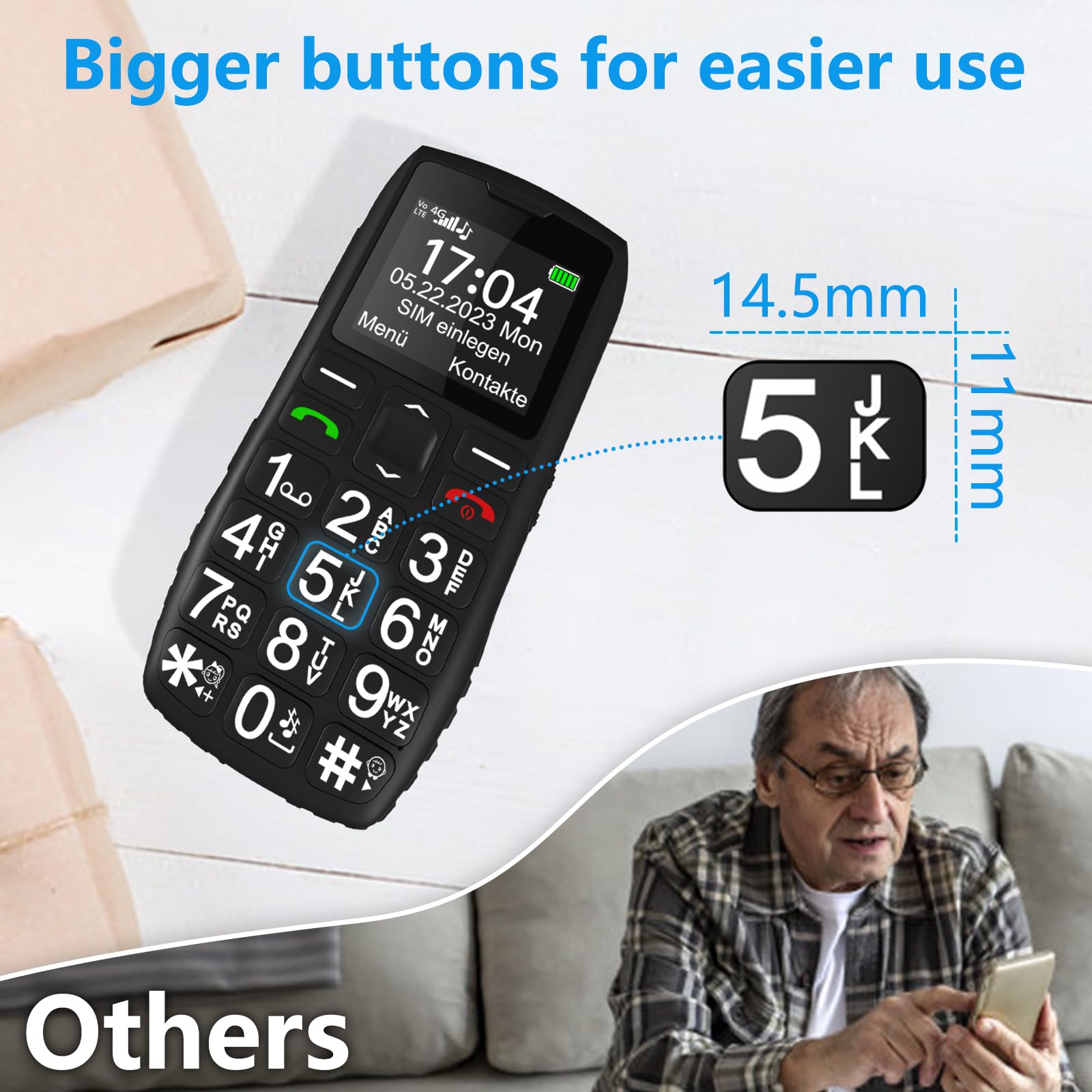 artfone C1+4G Big Button Cell Phone for Seniors and Kids, Unlocked Senior Cell Phone with SOS and Time Broadcast Button, Speed Dial, FM Radio, Torch, Clear Sound, Charging Dock, 1800mAh Battery, Black
