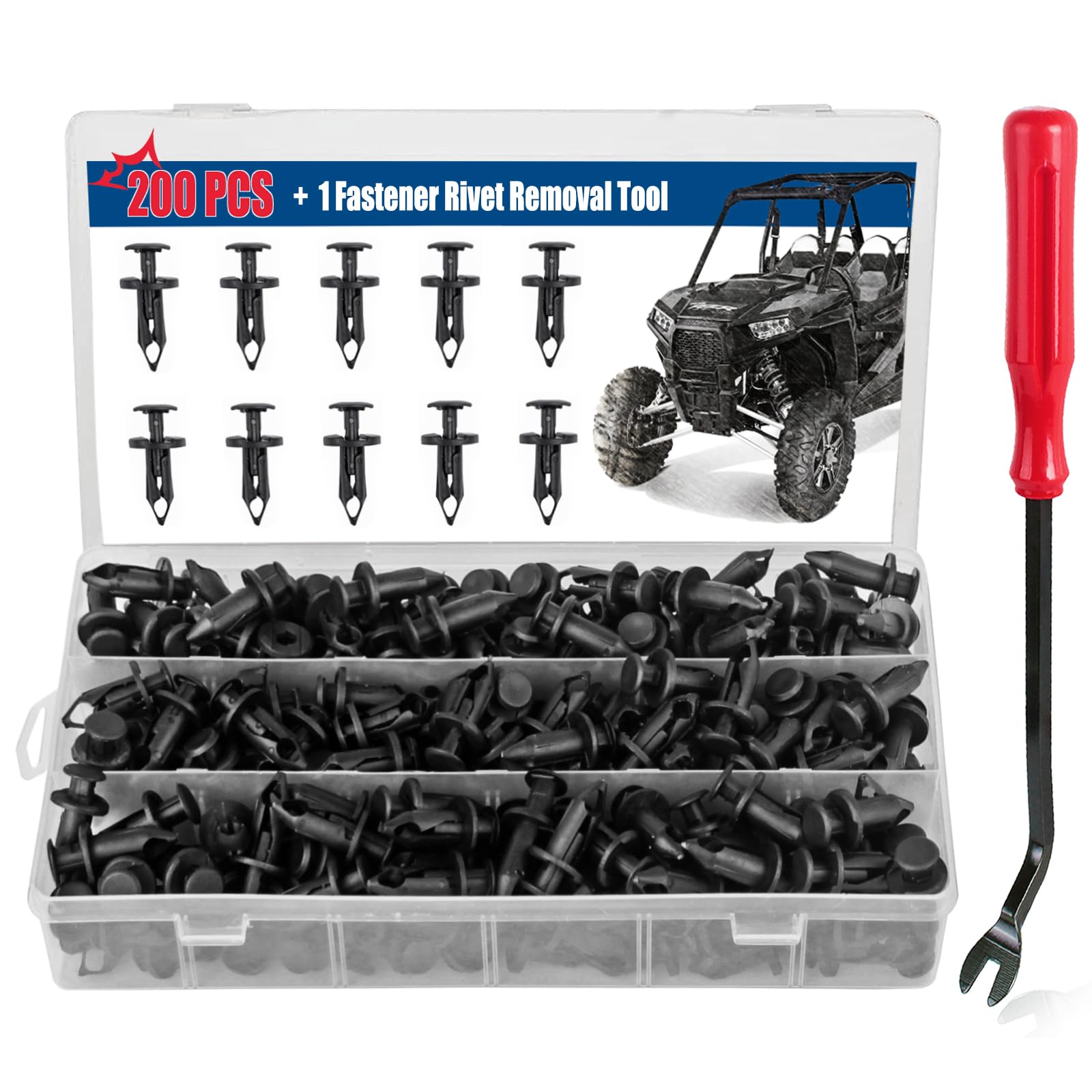 Xislet 200 Pcs UTV Nylon Fender Clips/Body Rivets Compatible with Polaris 7661855 Ranger RZR Can-Am Kawasaki Teryx Honda Pioneer 90653-HC4-900 Suzuki Sportsman ATV Fastener with Tool