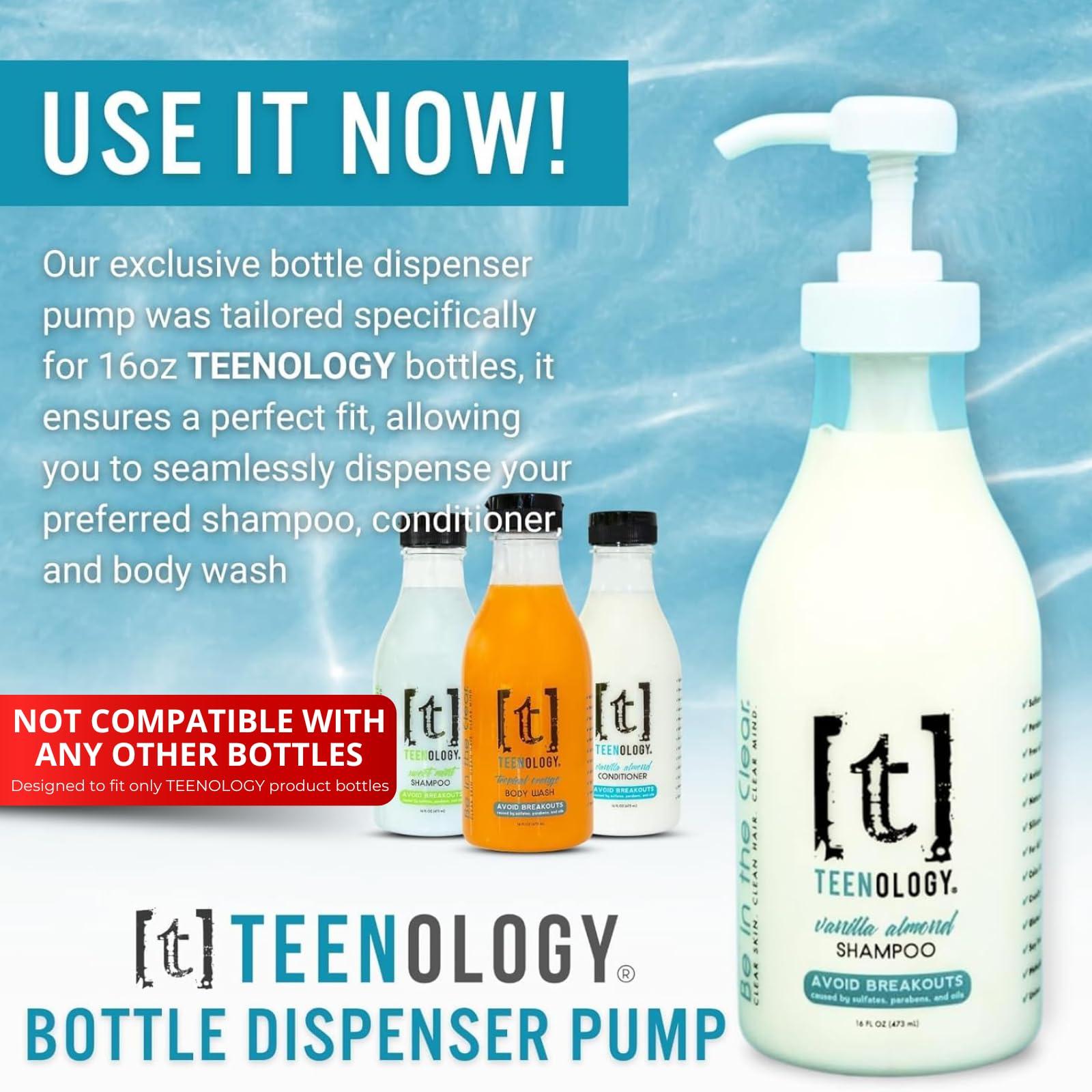 Pump for TEENOLOGY 16 oz. Bottles, 2-Pack – White, Only Compatible with TEENOLOGY Shampoo, Conditioner, and Body Wash, Reusable and Durable, Easy Dispensing for Teenology 16 oz. Bottles