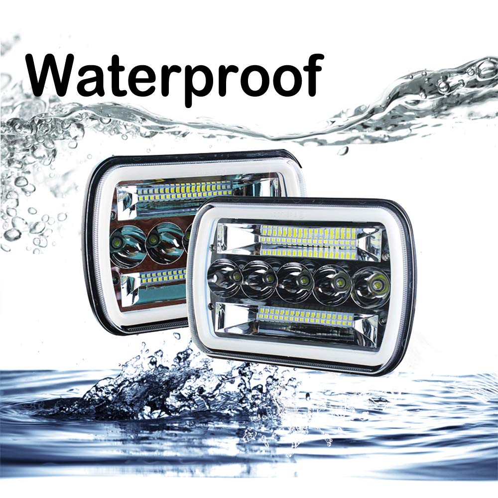 AMUNIESUN Super Bright Pair 7x6 5x7 Headlights 6052 6054 H5054 H6054 Hi/Low Sealed Beam White/Amber Halo Compatible With Jeep TJ JK Cherokee XJ YJ Pickup Dodge Ram Ford Chevy Chevrolet Express Nissan