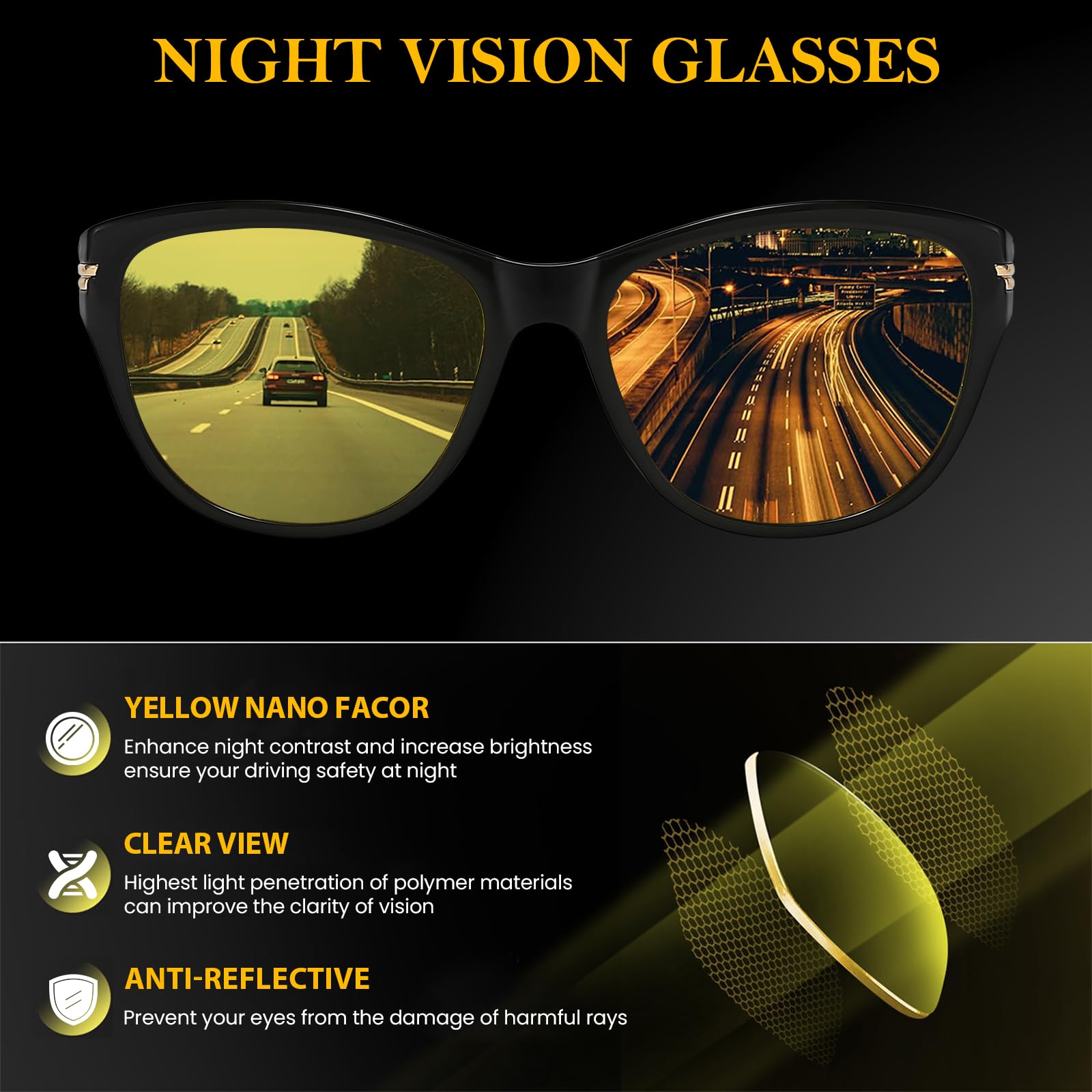 TJUTR Women’s Night Vision Driving Glasses, Polarized Yellow Tint Anti Glare & Enhanced Vision Eyewear Night Time TN2317-V26