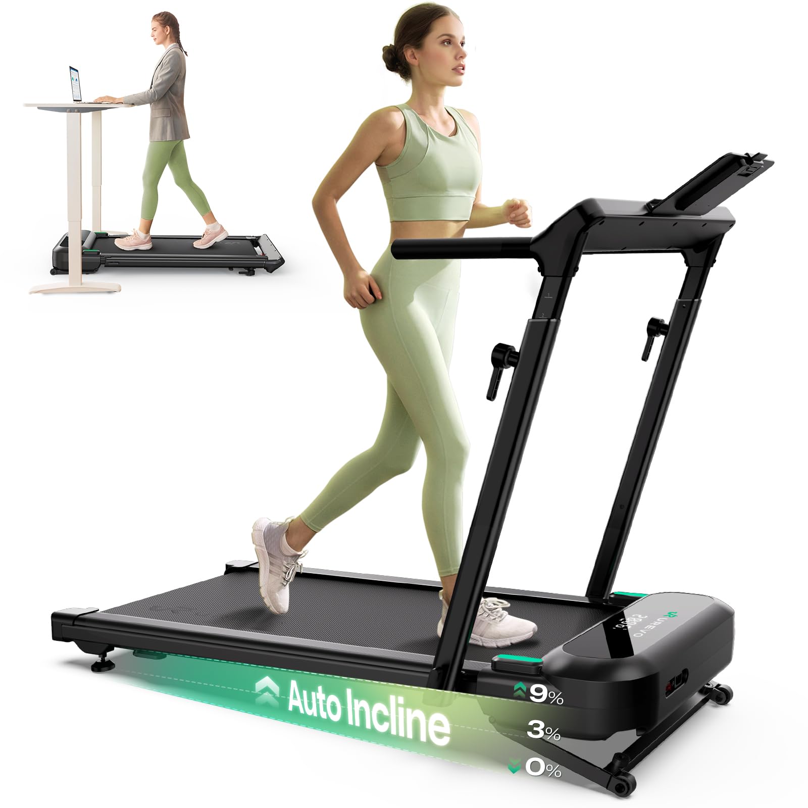 UREVO Foldimix 5L Treadmills for Home, Dual Brushless Motorized 3.0HP ,9% Auto Incline Walking Pad with Adjustable Handle Bar, Multi-Functional, 14-Point Shock Absorption, Standing Desk Treadmill