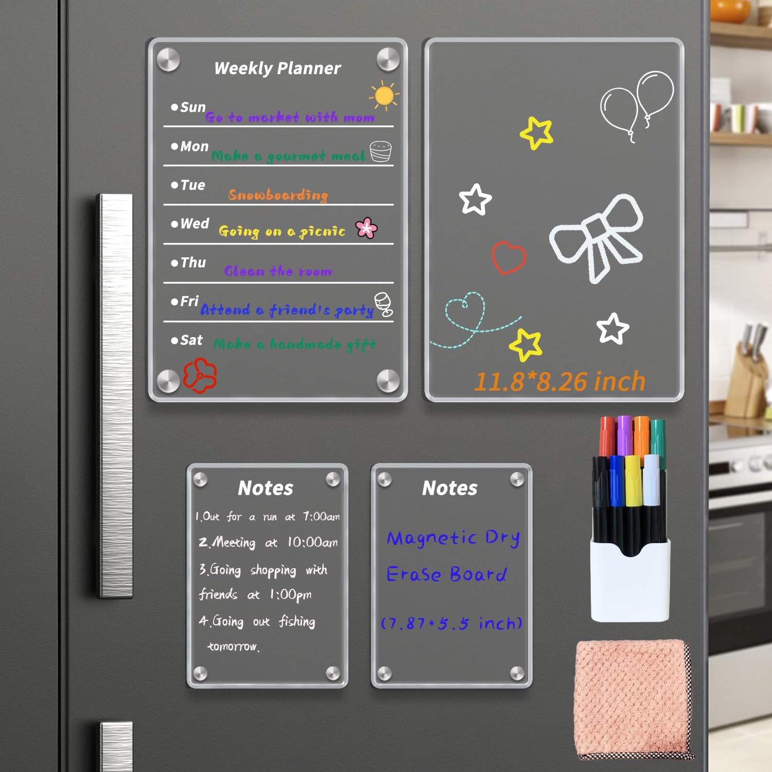 Naisidas Acrylic Magnetic Dry Erase Board for Fridge,Set of 4 Transparent Planning Boards Weekly Calendar, Notes Planning Board,Includes 8 Markers and Towel