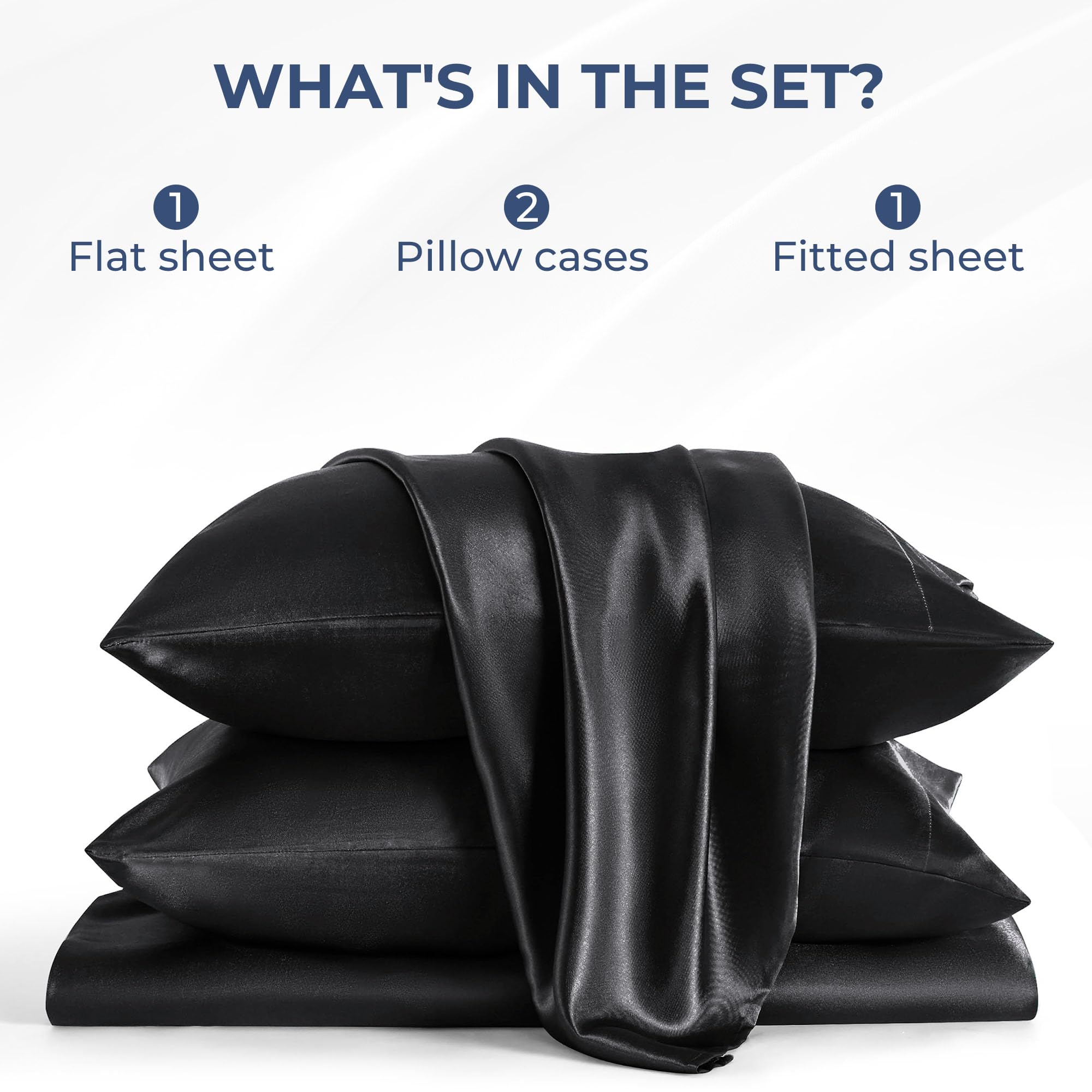 Seasonwood Satin Sheets Set Queen Size 4 Pieces 1800 Microfiber 2 Pillowcase 20''x30'' Black Satin Sheets