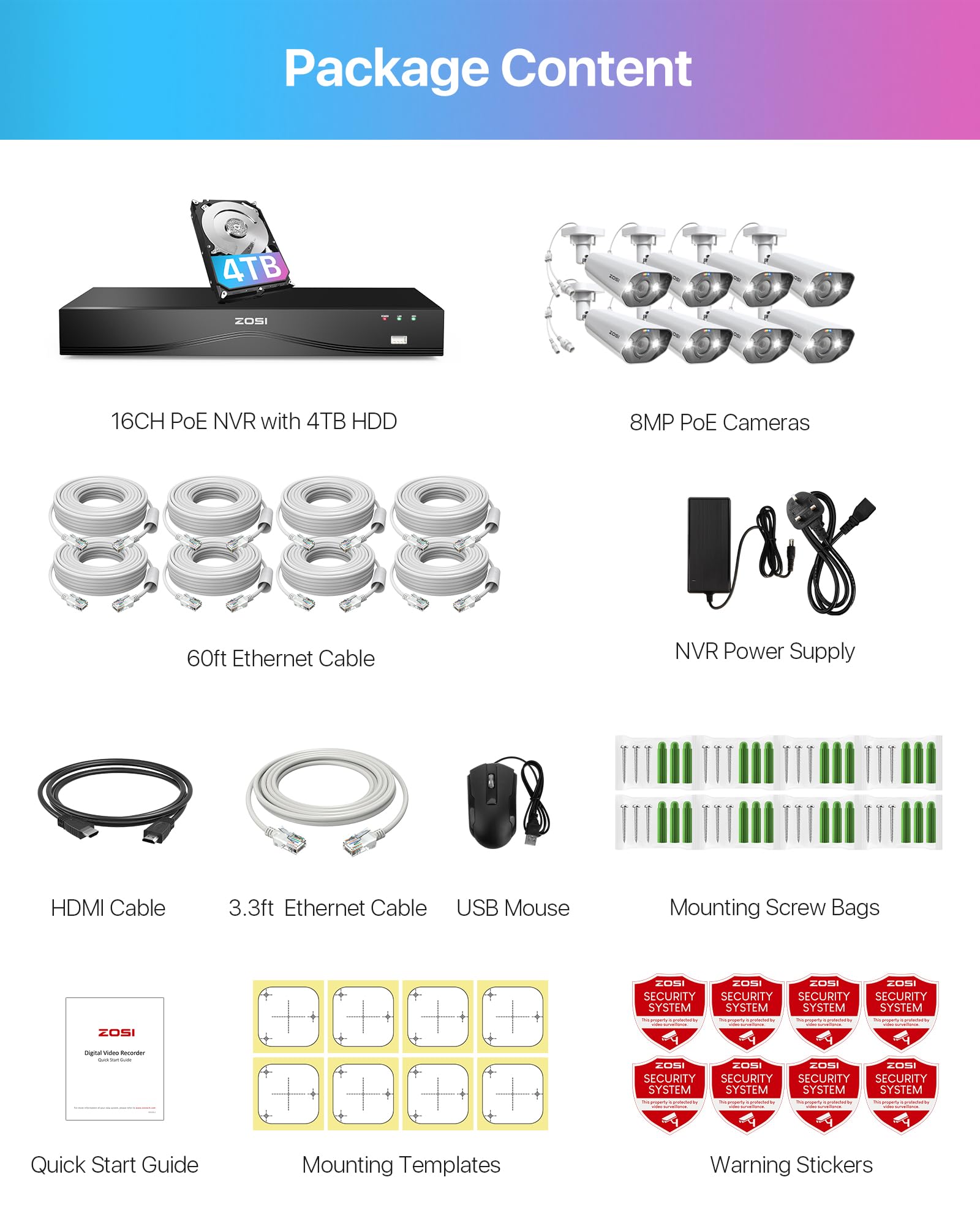 ZOSI 24CH 4K Spotlight PoE Security Camera System with Face/Person/Vehicle Detection,8pcs 4K Outdoor IP Cameras,2 Way Talk,Night Vision,16 Port 24CH 8MP Dual-Disk NVR with 4TB HDD for 24/7 Recording