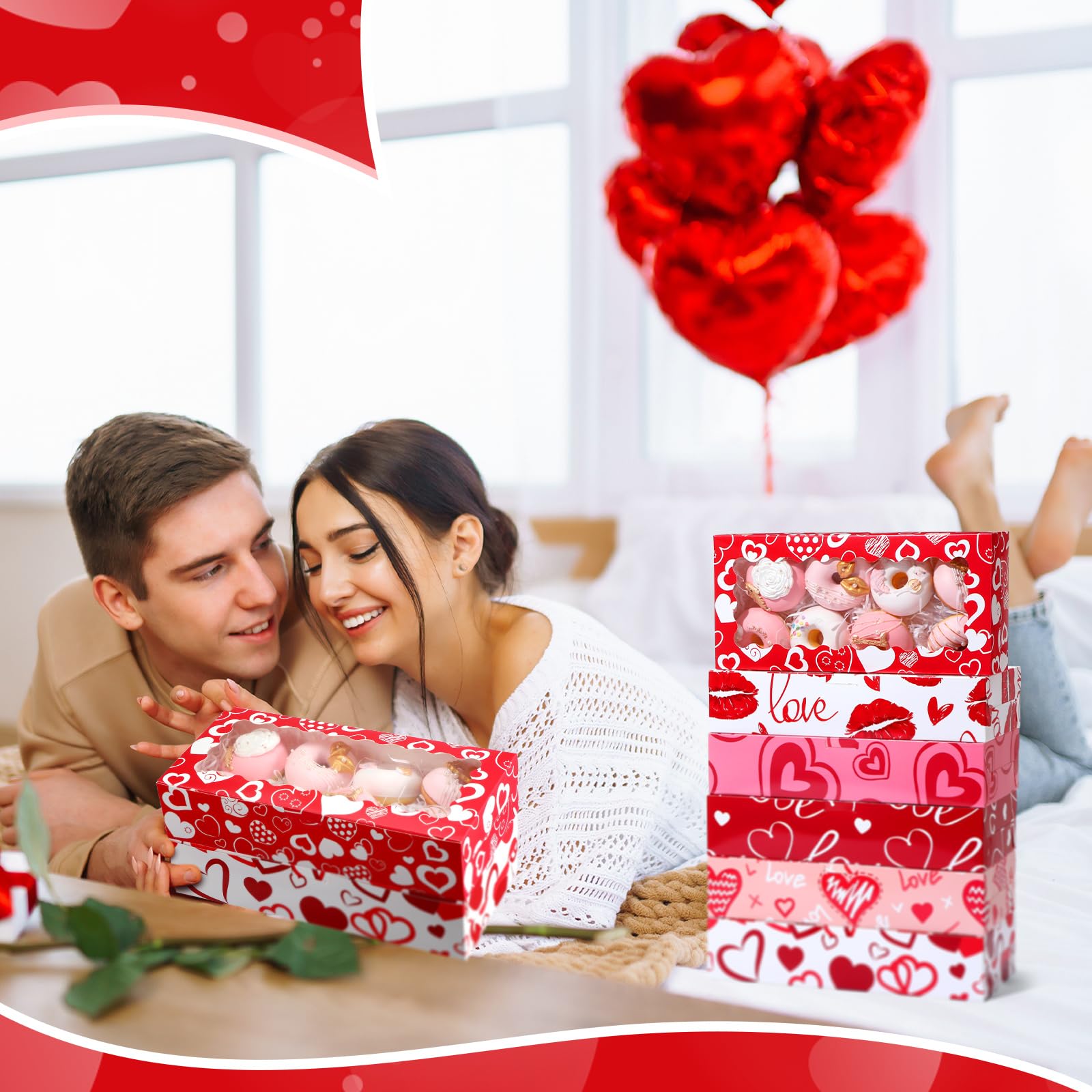 Maxcheck 48 Pieces Valentine's Day Treat Boxes Valentine Heart Cookie Boxes with Window 12 x 5.5 x 2.5 Valentine Bakery Boxes Heart Gift Boxes Candy Heart Containers for Valentine Party Favors