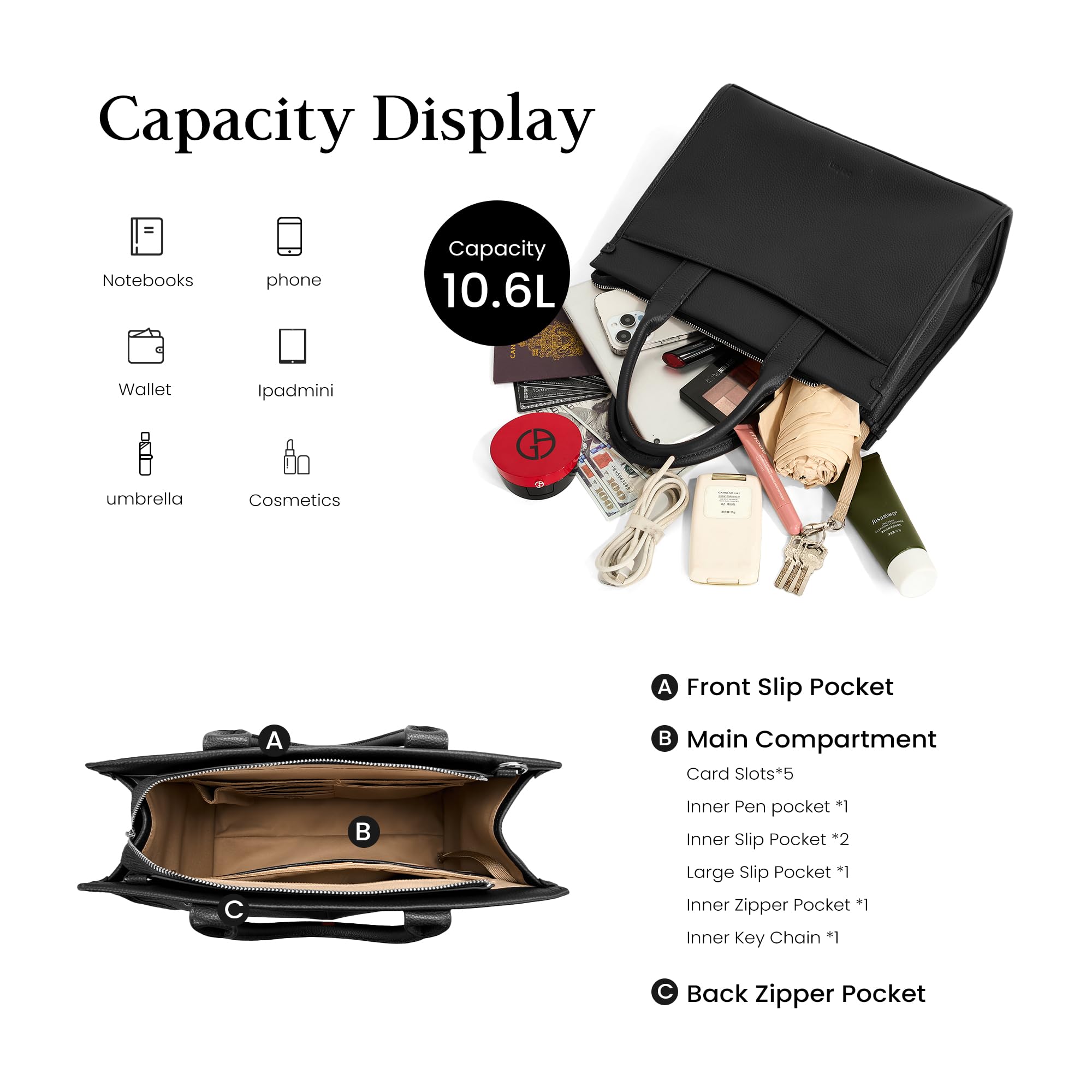 befen Genuine Leater Tote Bag, Medium Satchel Bags for Women with Top-handle, Womens Purses and Handbags Shoulder Crossbody Designer Satchel Handbags with Zipper Crossbody Strap, Black