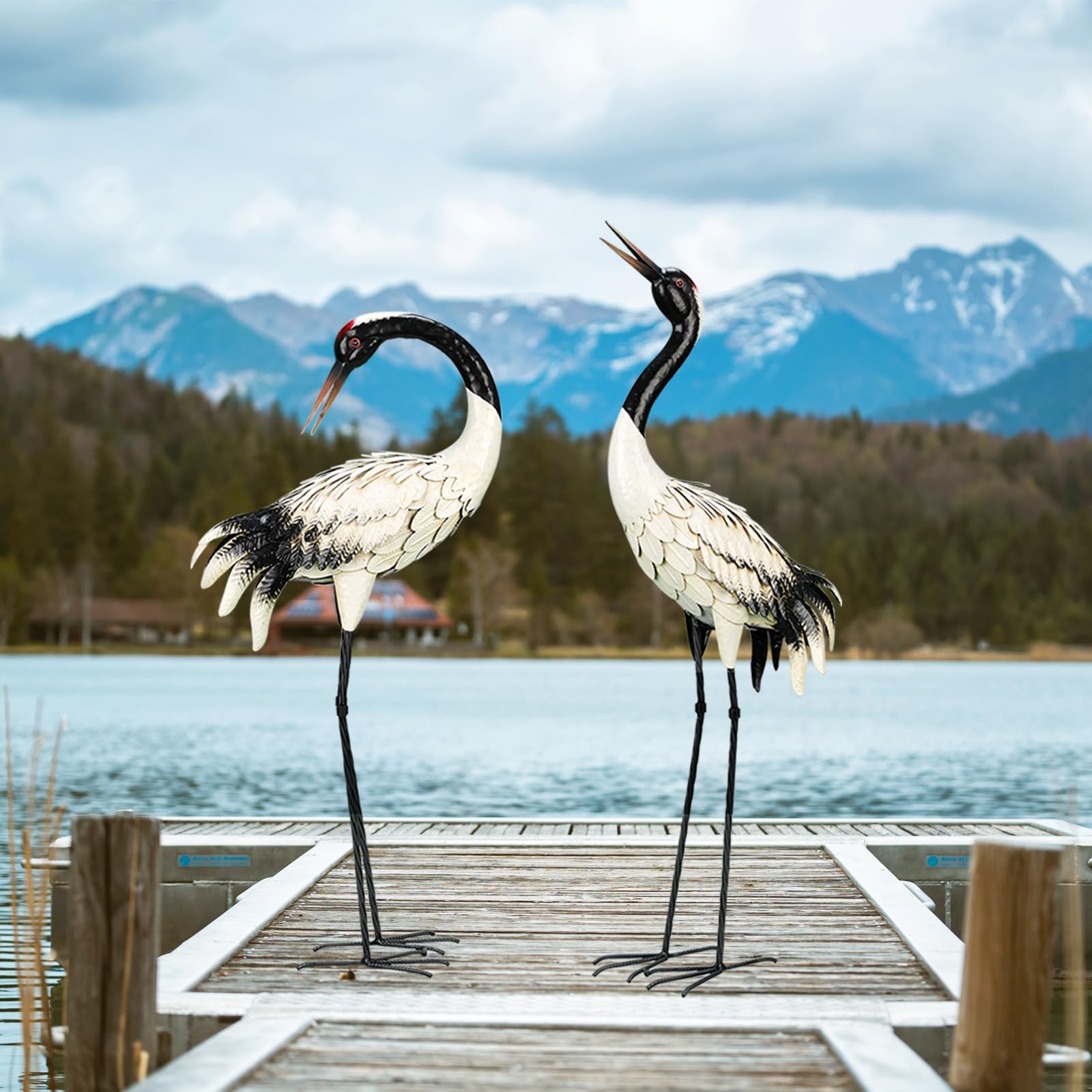 chisheen Garden Crane Statues Outdoor Heron Red Crowned Crane Metal Yard Art Sculpture,Set of 2