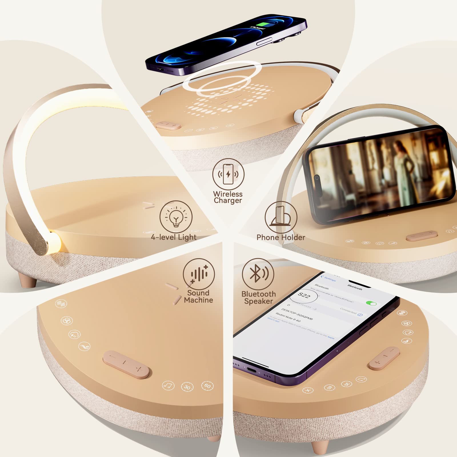 Vivilumens Birthday Gifts for Women, 5 in 1 Bedside Lamps with Wireless Charger Bluetooth Speaker White Noise Machine, Dimmable Touch lamp with Phone Holder, Personalized Night Light (Rosy Beige