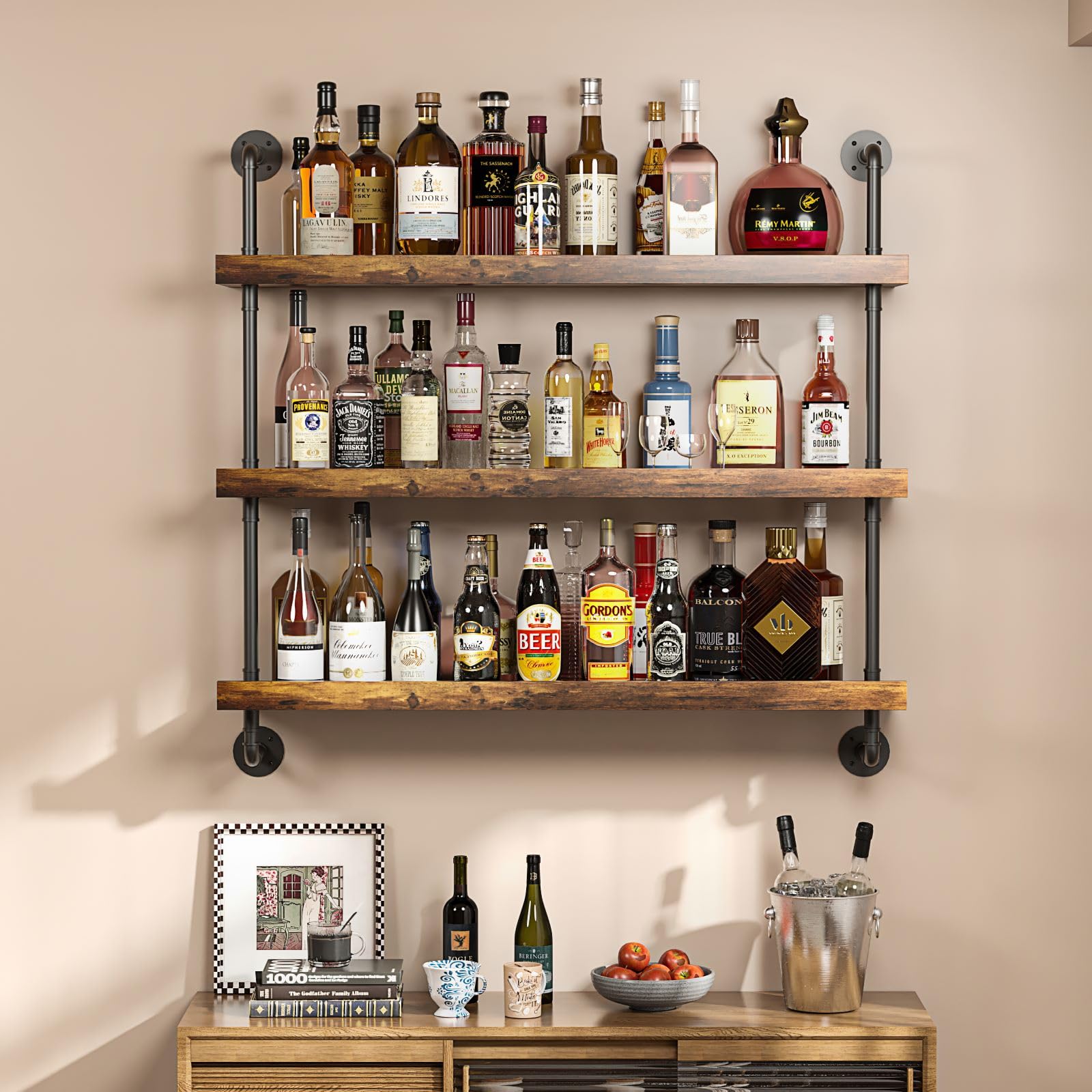Woskar 3-Tier Wall Mounted Wine Rack with LED,Liquor Bottles Floating Shelves Display Storage Organizer for Home Bar Dining Room Kitchen (31.5" W x 47.2" H x 8.6" D)
