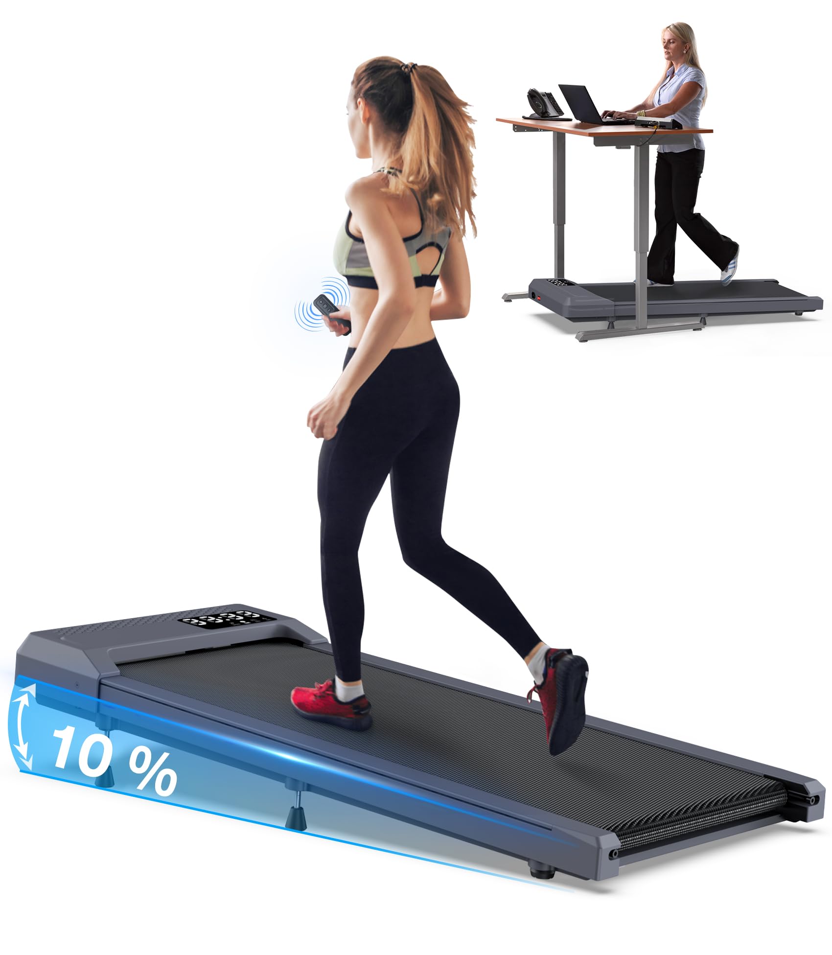 WELLFIT 10% Incline Walking Pad Treadmills for Home, Under Desk Treadmill 265lb Capacity, Voice Controlled Works with KINOMAP Apple Health, Compact for Apartment, Easy to Move Store Upright Place