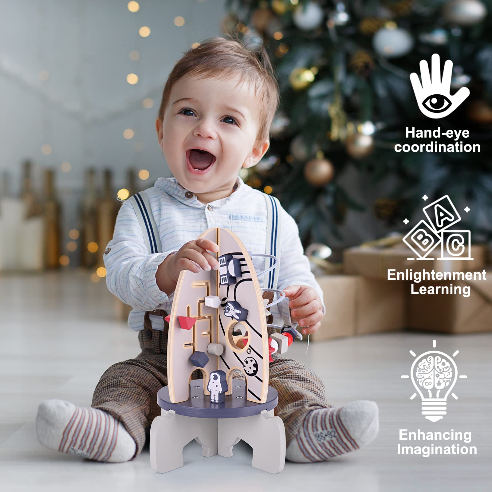 Wdmiya Space Wooden Activity Cube Toys for Baby, Montessori Toys for 1 Year Old Boy & Girl Birthday Gifts, Sensory and Educational 1st Birthday Gifts, Busy Board Toys for Baby Boy 6-18 Months (Rocket)